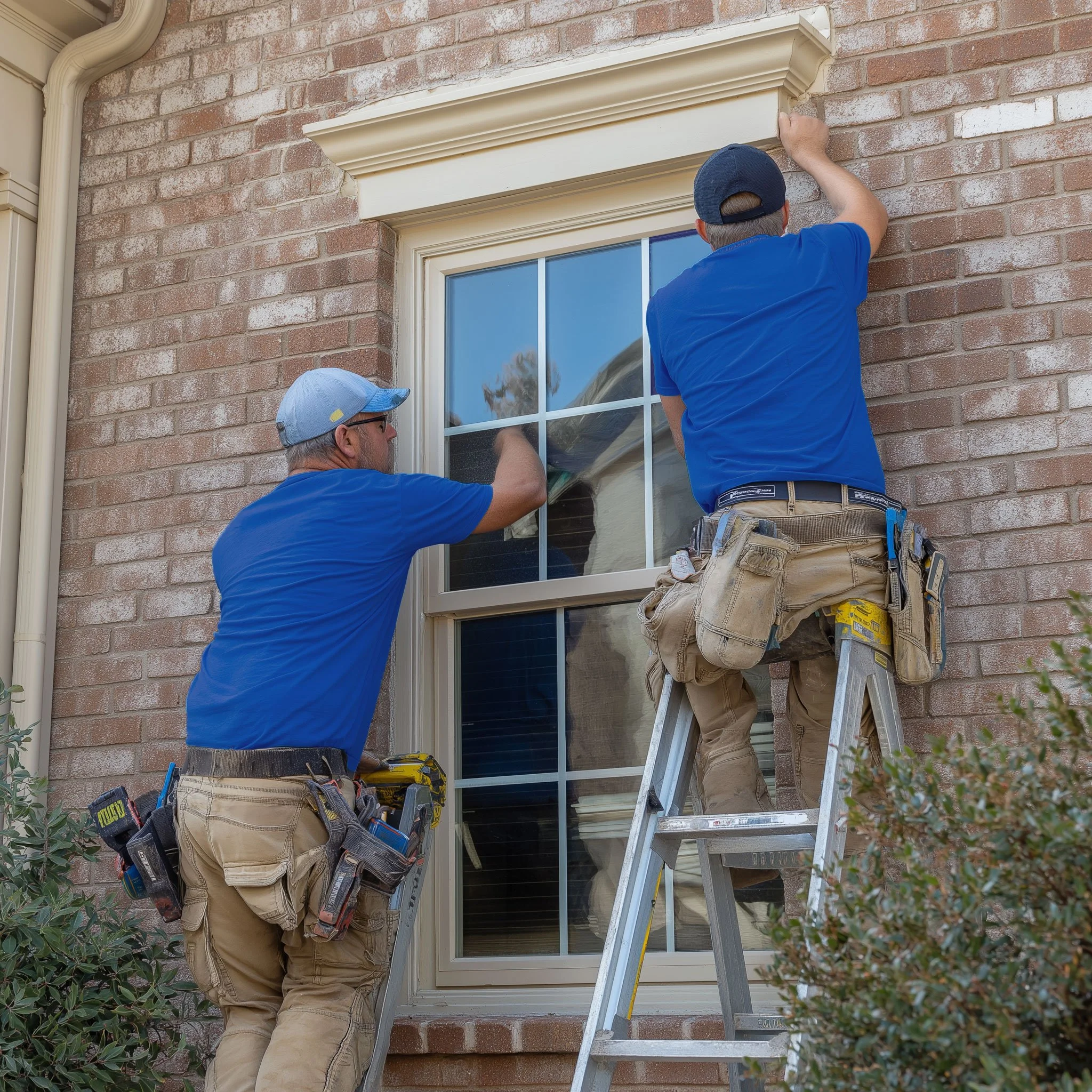 Two men working on the construction or installation of a window in a brick house. One man is on a ladder, and the other is standing on the ground, both wearing blue shirts and work tools.