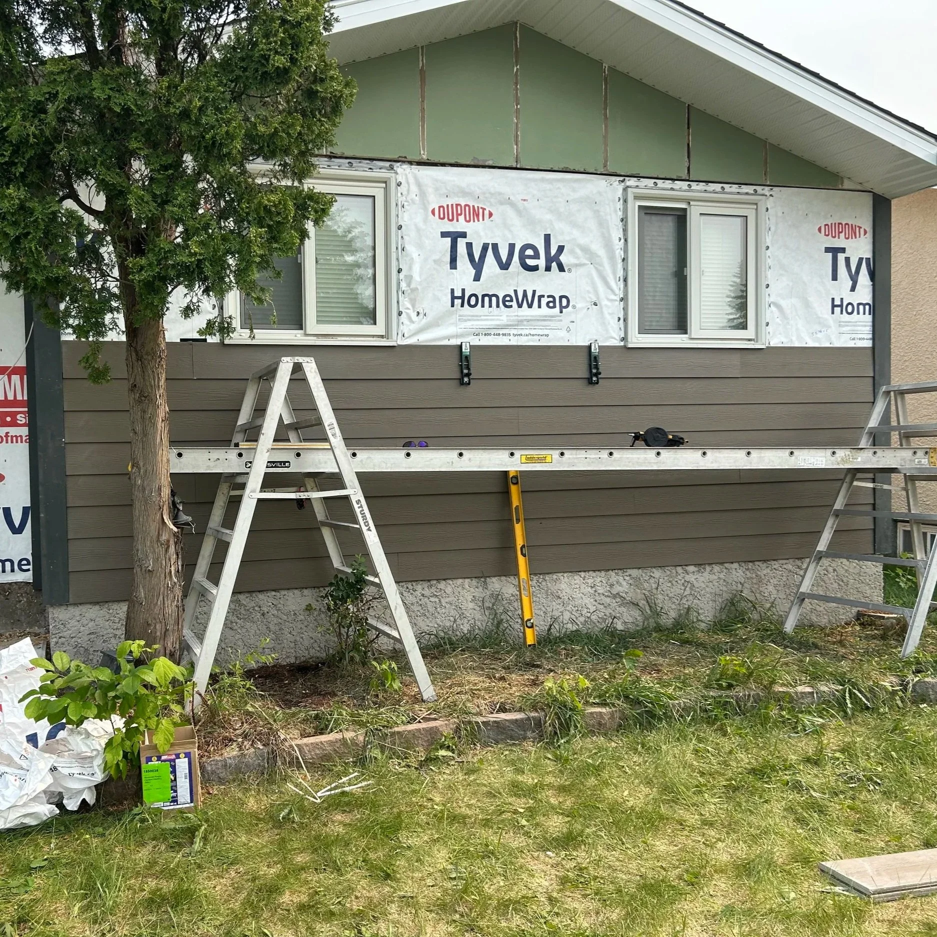 Front of a house under construction with insulation wrap, two window openings, a ladder, a level, and construction materials on the ground, partially obscured by a tree.