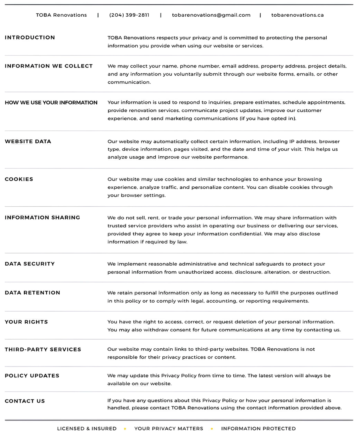 A page from a privacy policy document for TOBA Renovations, listing sections like introduction, information collection, data security, user rights, third-party services, policy updates, and contact info.