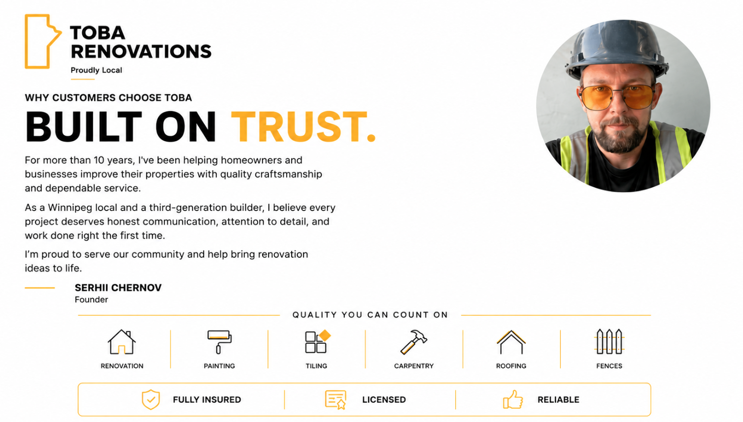 A marketing flyer for Toba Renovations featuring a portrait of a man in a construction helmet and glasses. The flyer highlights the company's services including renovation, painting, tiling, carpentry, roofing, and fencing, emphasizing trust, quality, and reliability.