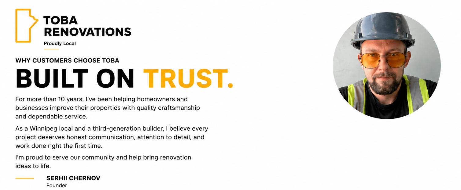 Logo of Toba Renovations with an outline of the state of Missouri, a photo of a man in construction gear, and text about the company's trustworthiness and services.