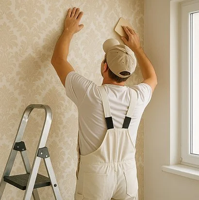 A man wearing a baseball cap and white overalls cleaning a wall near a window with a sponge, standing on the floor next to a stepladder.
