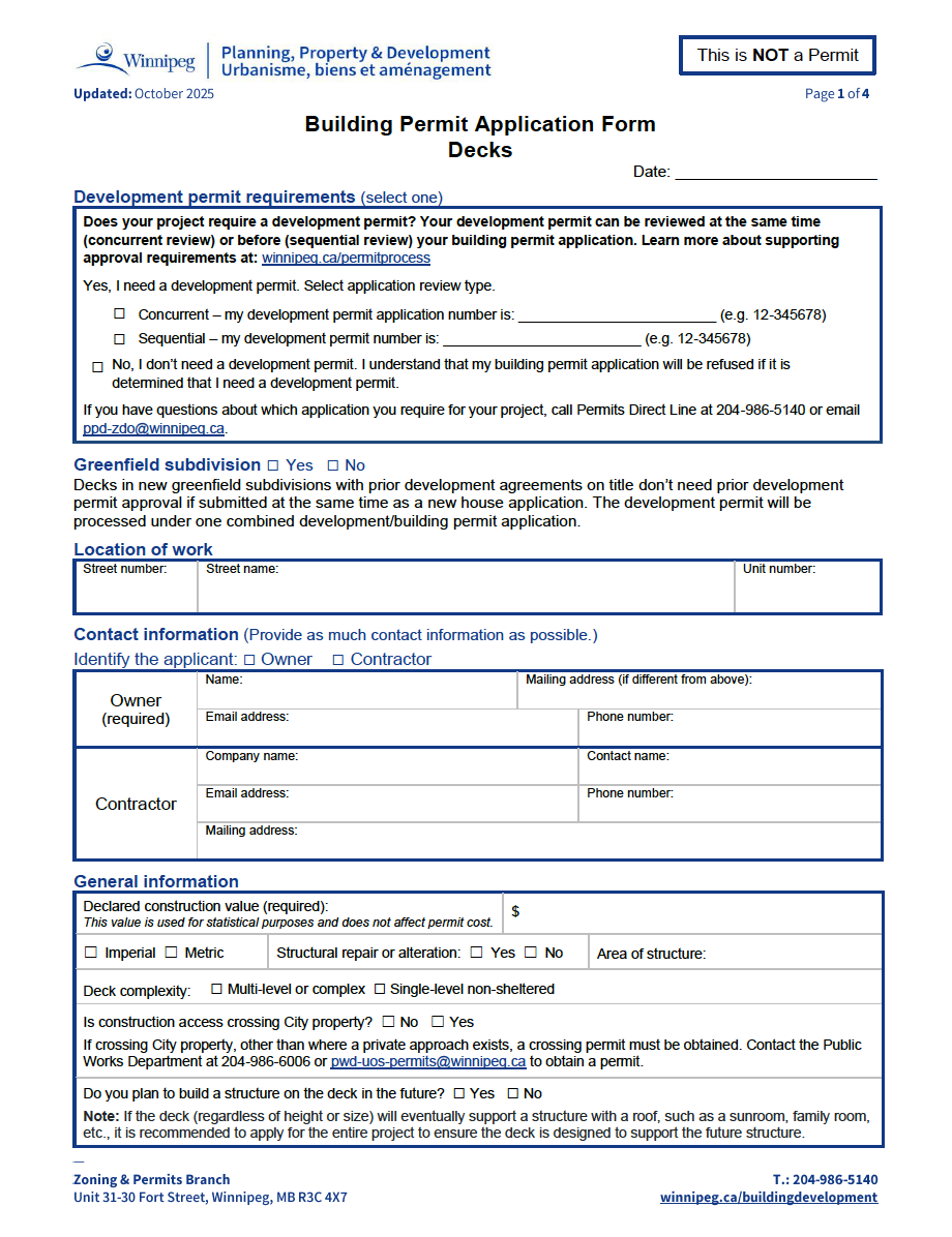 A Winnipeg Building Permit Application form for decks, with sections for project requirements, greenfield subdivision, location of work, contact information, general information, and zoning permits. It includes checkboxes for development review type, greenfield subdivision, construction details, and future plans.