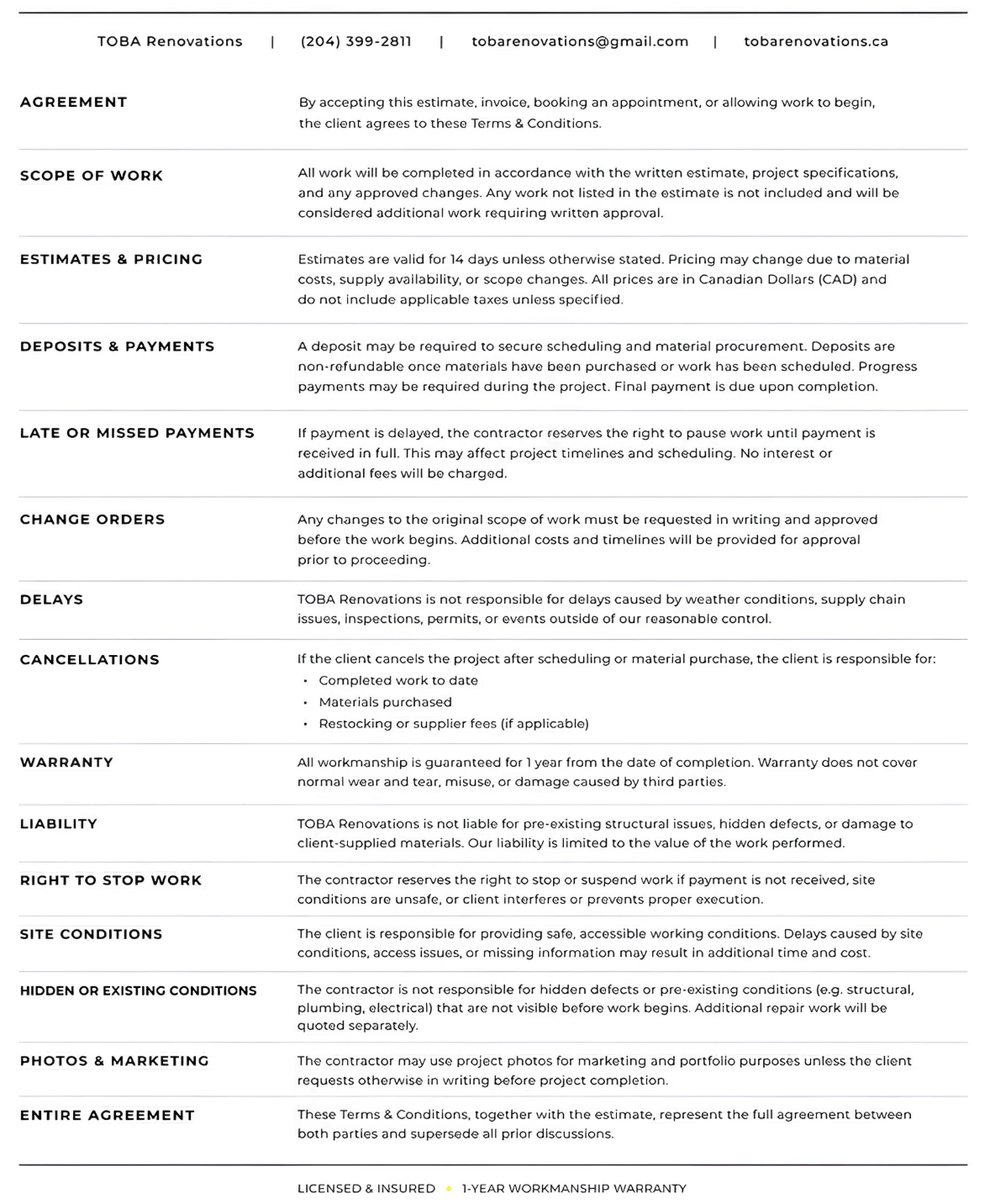 A detailed service agreement document for TOBA Renovations, outlining terms of work, payment policies, cancellation rules, warranties, liability, and other legal clauses.