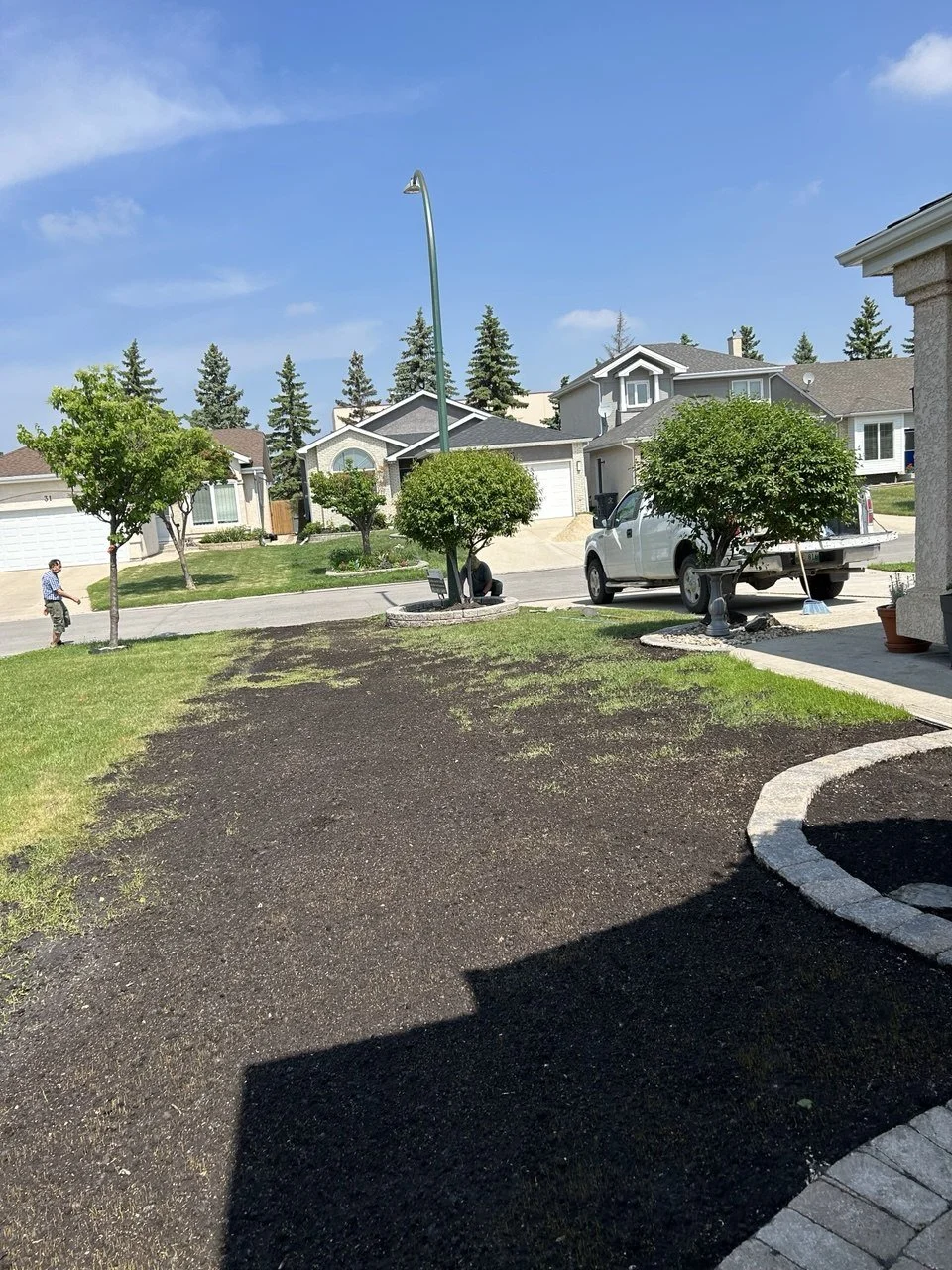 Residential front yard with trees, a lawn, two children playing, a white truck, and a sidewalk under a blue sky.