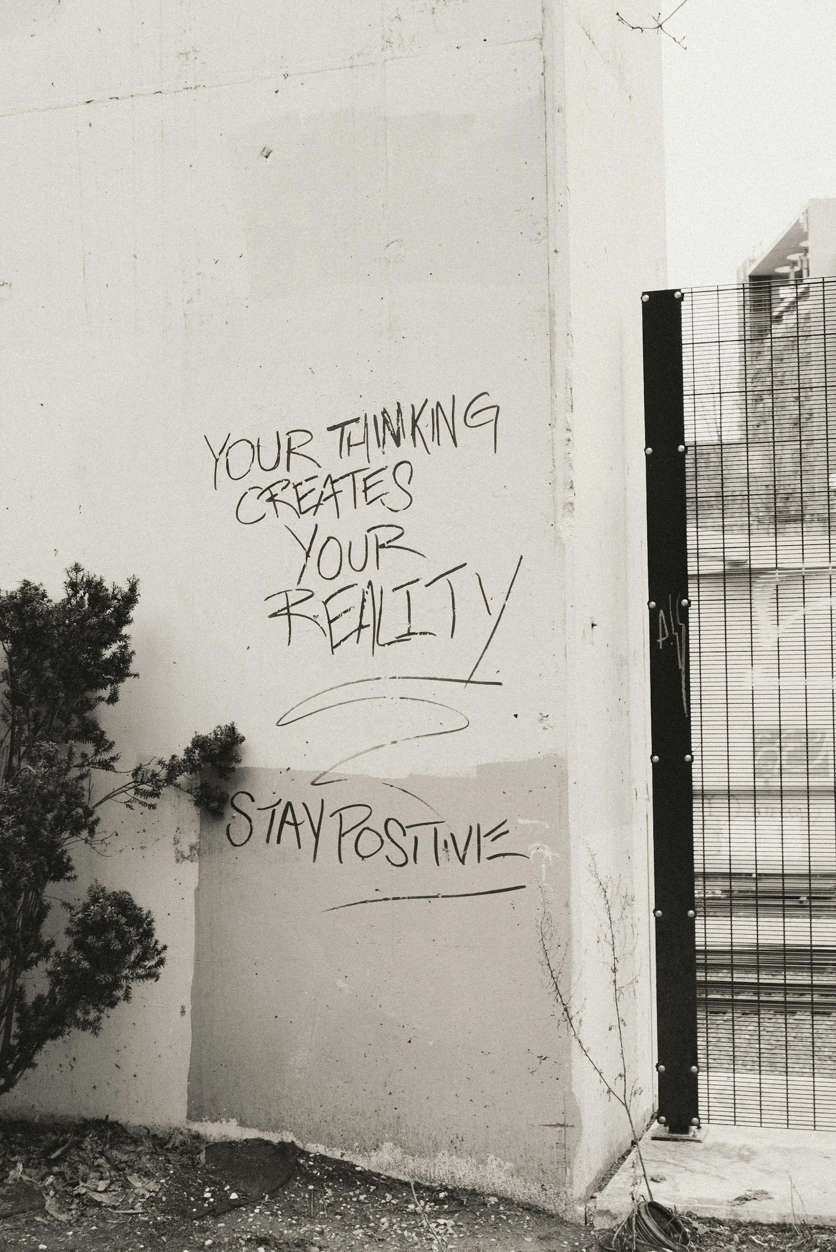 A mural on a white wall with handwritten graffiti saying, 'Your thinking creates your reality' and 'Stay positive,' near a wire fence and some shrubs at the bottom.