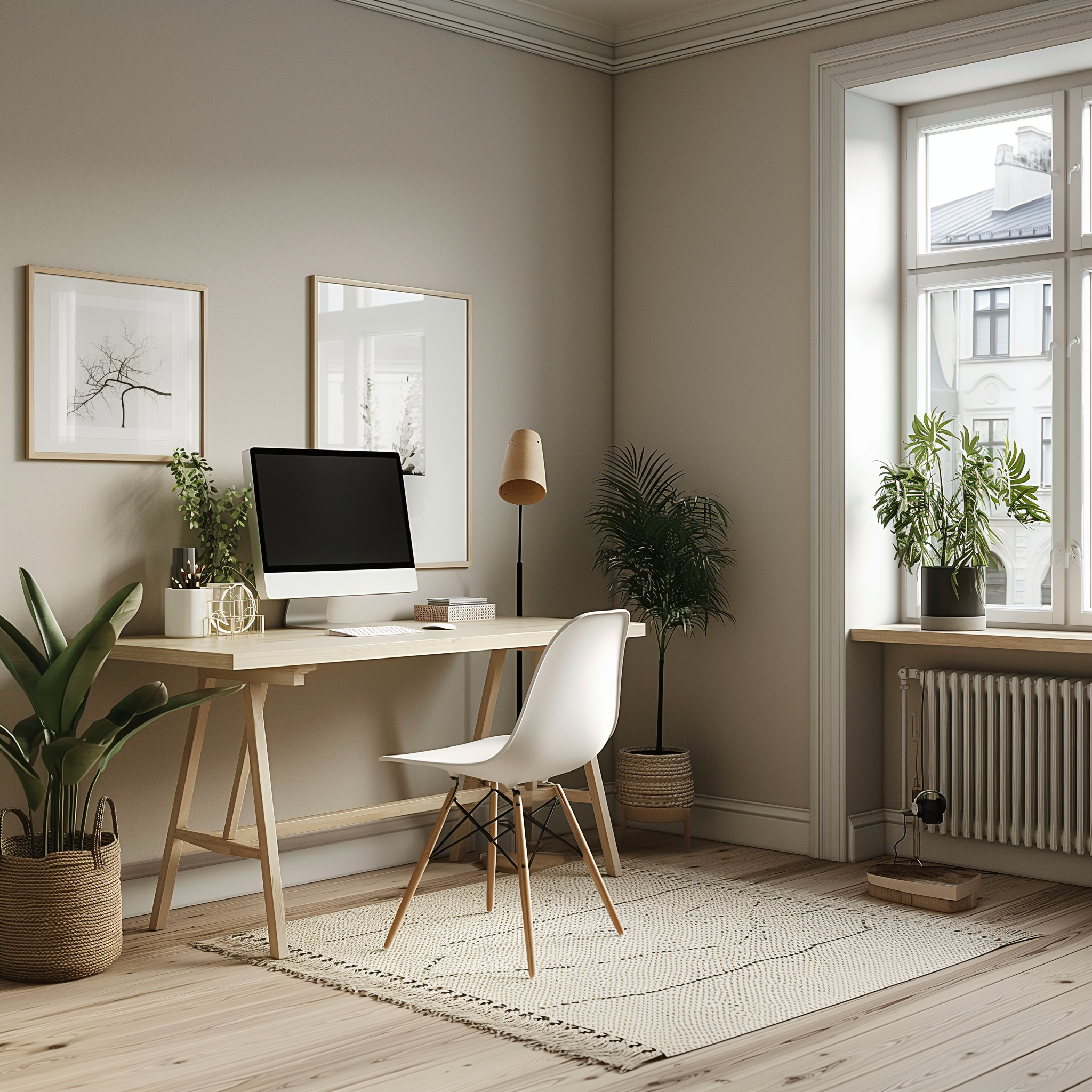 A home office with a light wood desk holding a computer monitor, surrounded by green houseplants, and decorated with framed botanical art on a beige wall. The room has a large window with natural light and a woven rug on light wood flooring.