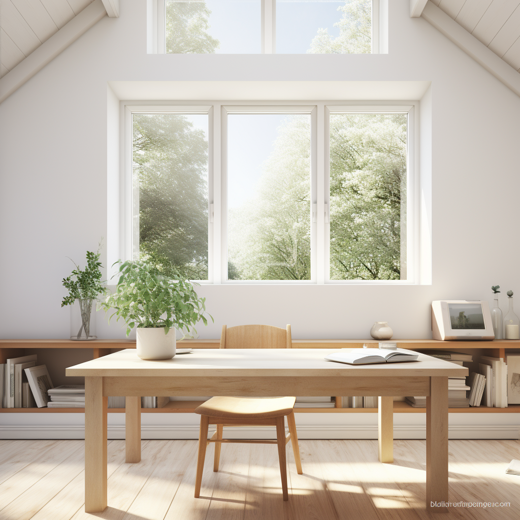 Bright, minimalist home office with a wooden desk and chair, potted plant, bookshelf, and large window with a view of green trees outside.