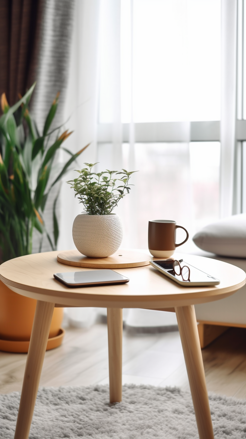 A small round wooden table with a potted plant, a ceramic mug, a tablet, and a smartphone with glasses on top, in a well-lit living room.