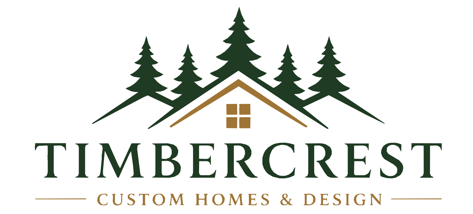 Logo for Timbercrest Custom Homes & Design featuring pine trees, a house with a window, and text