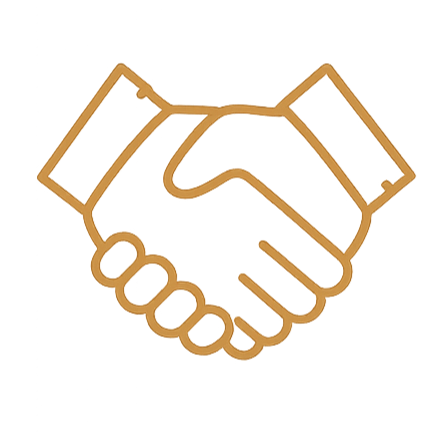 Outline drawing of a handshake with a gold line on a black background.