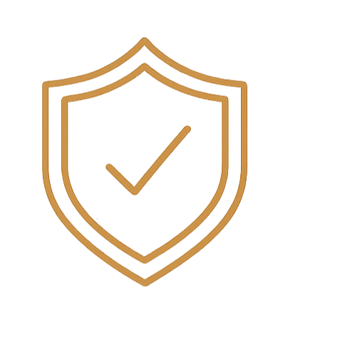 Gold shield icon with a checkmark in the center indicating security or protection.