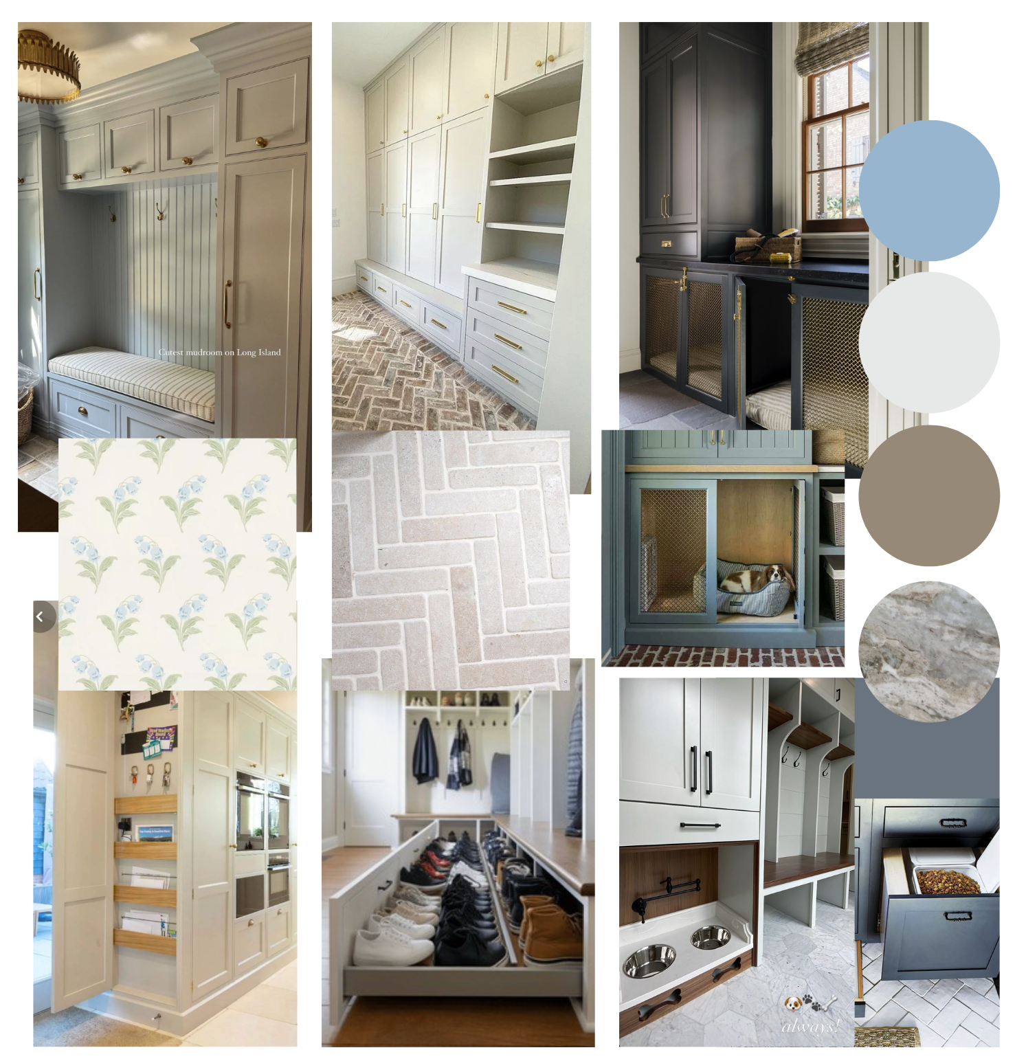 Collage of various home storage solutions and interior design features, including built-in cabinets, shelving units, closet organization, pet area, and flooring options.