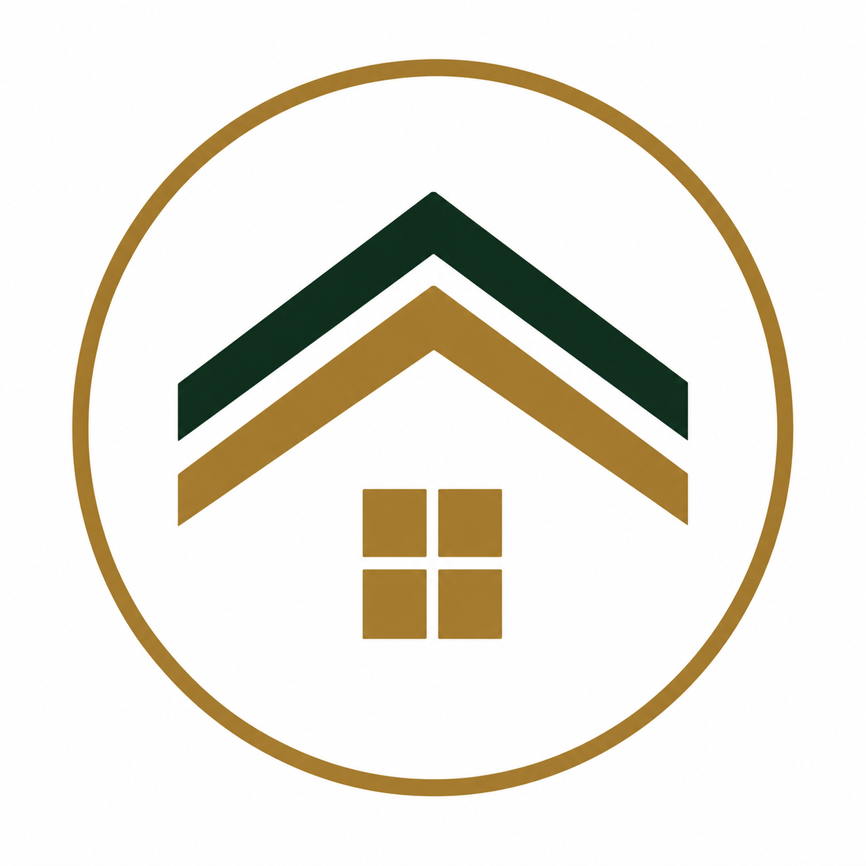 Logo featuring a house with a four-pane window and two upward-pointing chevrons above it, all encircled by a gold border.