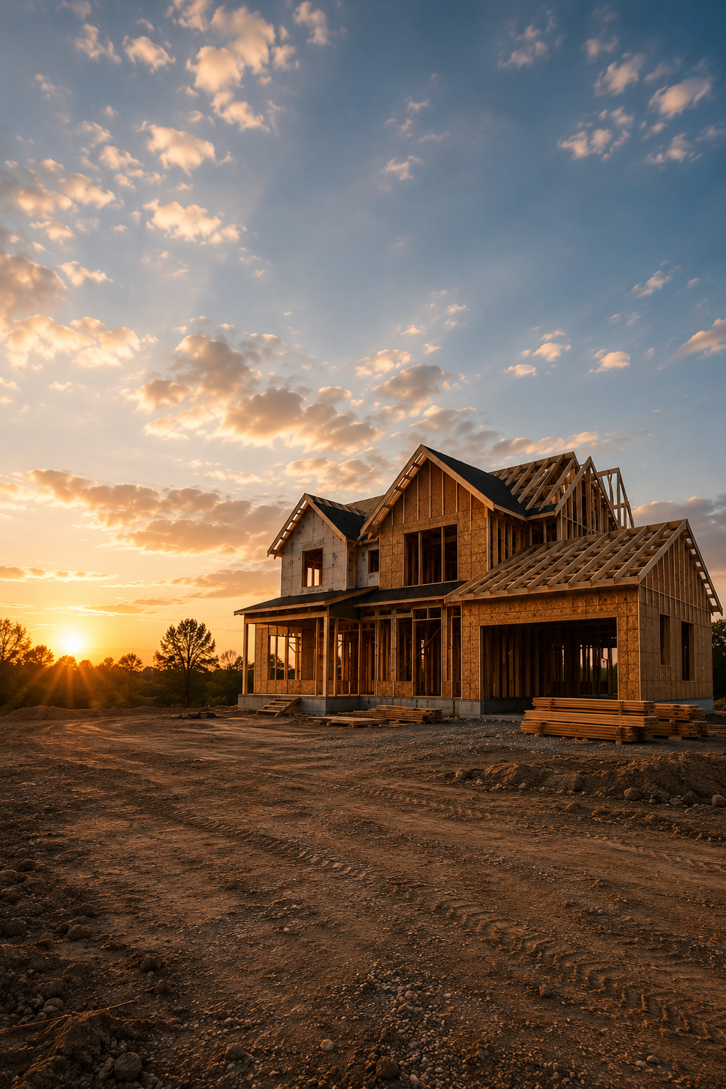 A two-story house under construction at sunset, with wooden framing, over a dirt lot.