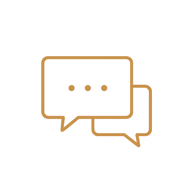 Two overlapping speech bubbles outlined in brown, with ellipses inside indicating conversation.
