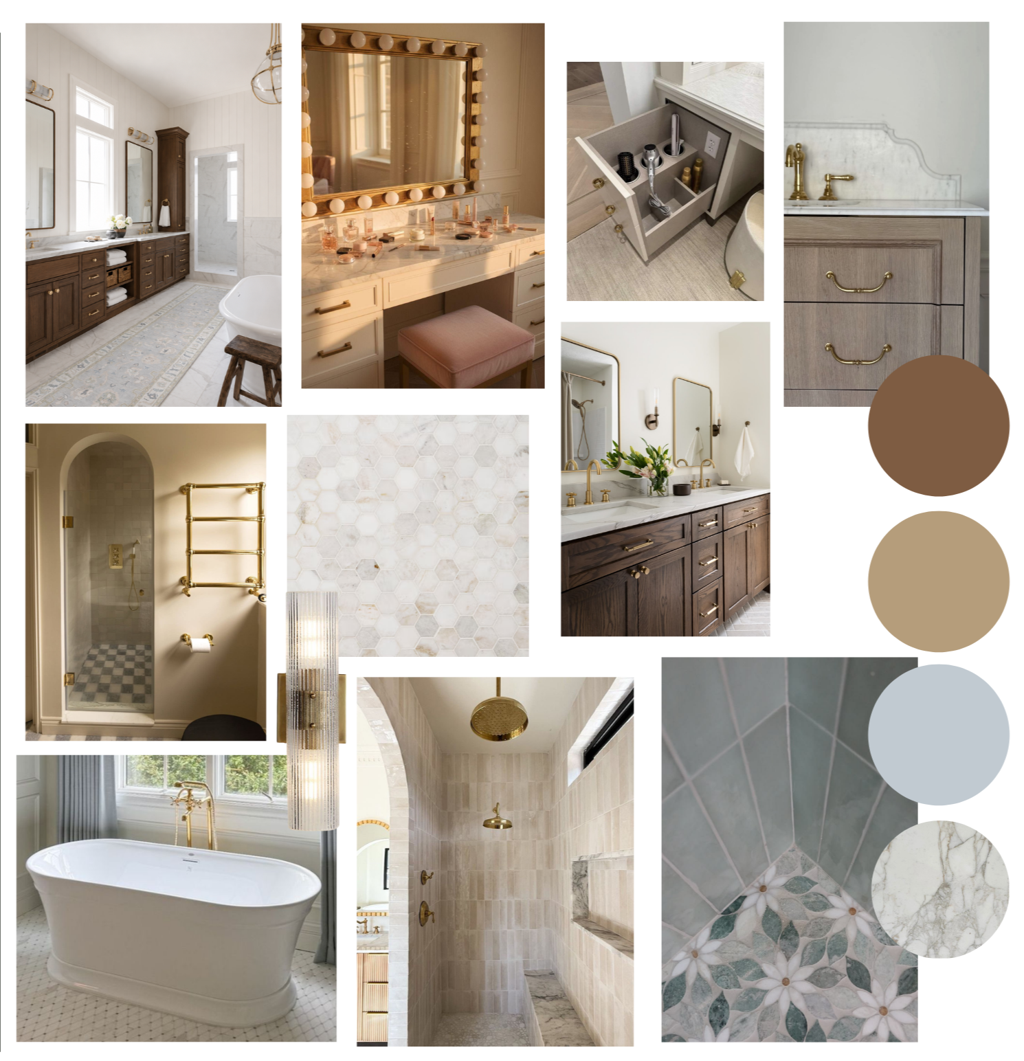 Collage of bathroom interior designs featuring vanities, mirrors, countertops, showers, faucets, and decor with neutral tones, gold accents, and various tile patterns.