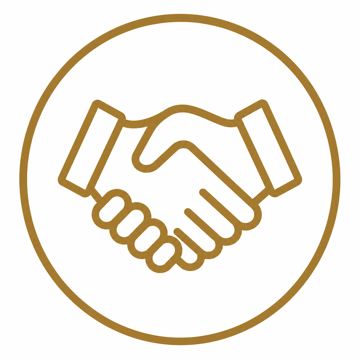 Gold outline of a handshake inside a circle.