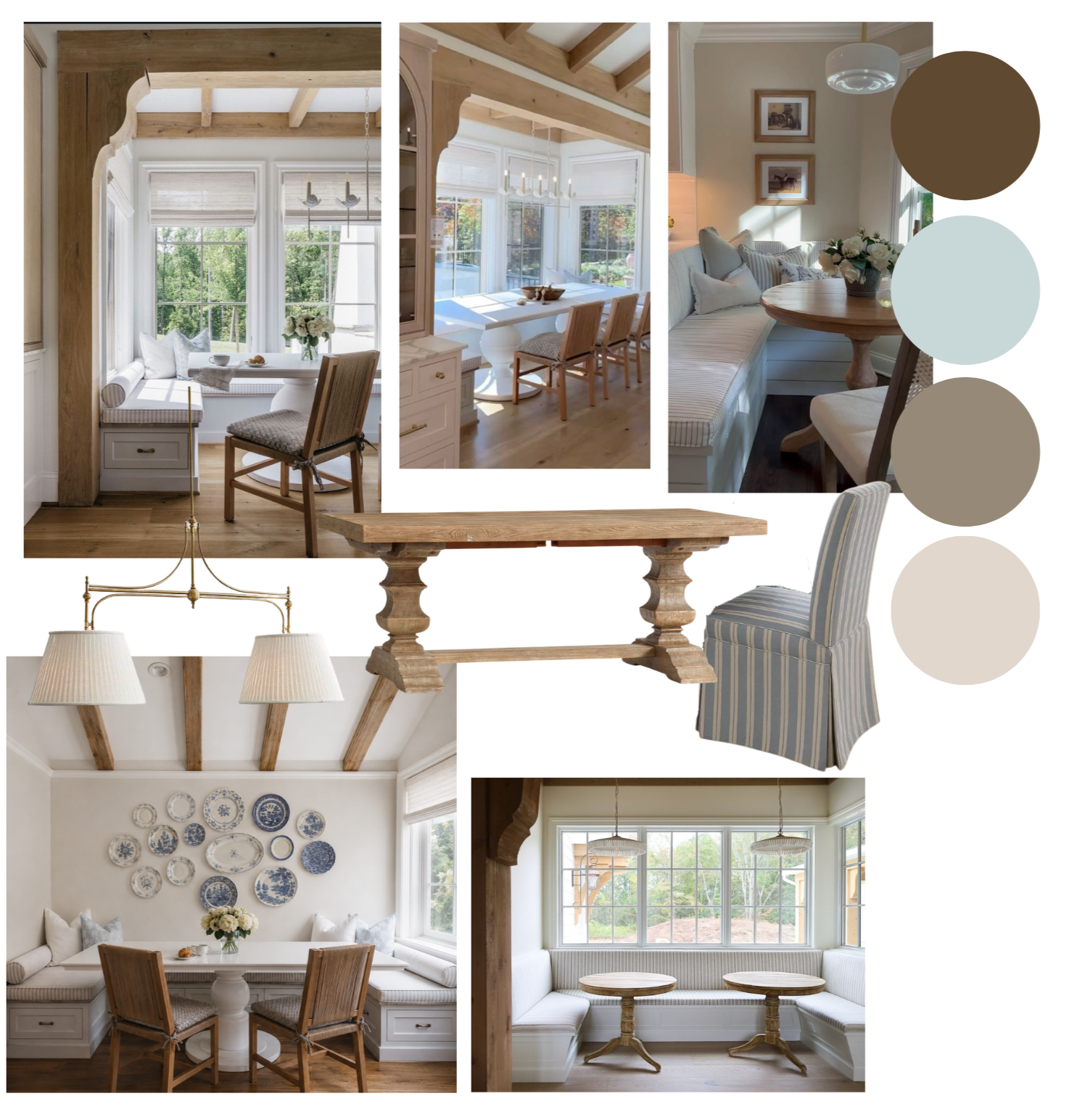 Collage of interior photos featuring breakfast nooks and dining areas with large windows, wooden details, and light-colored furniture and decor.