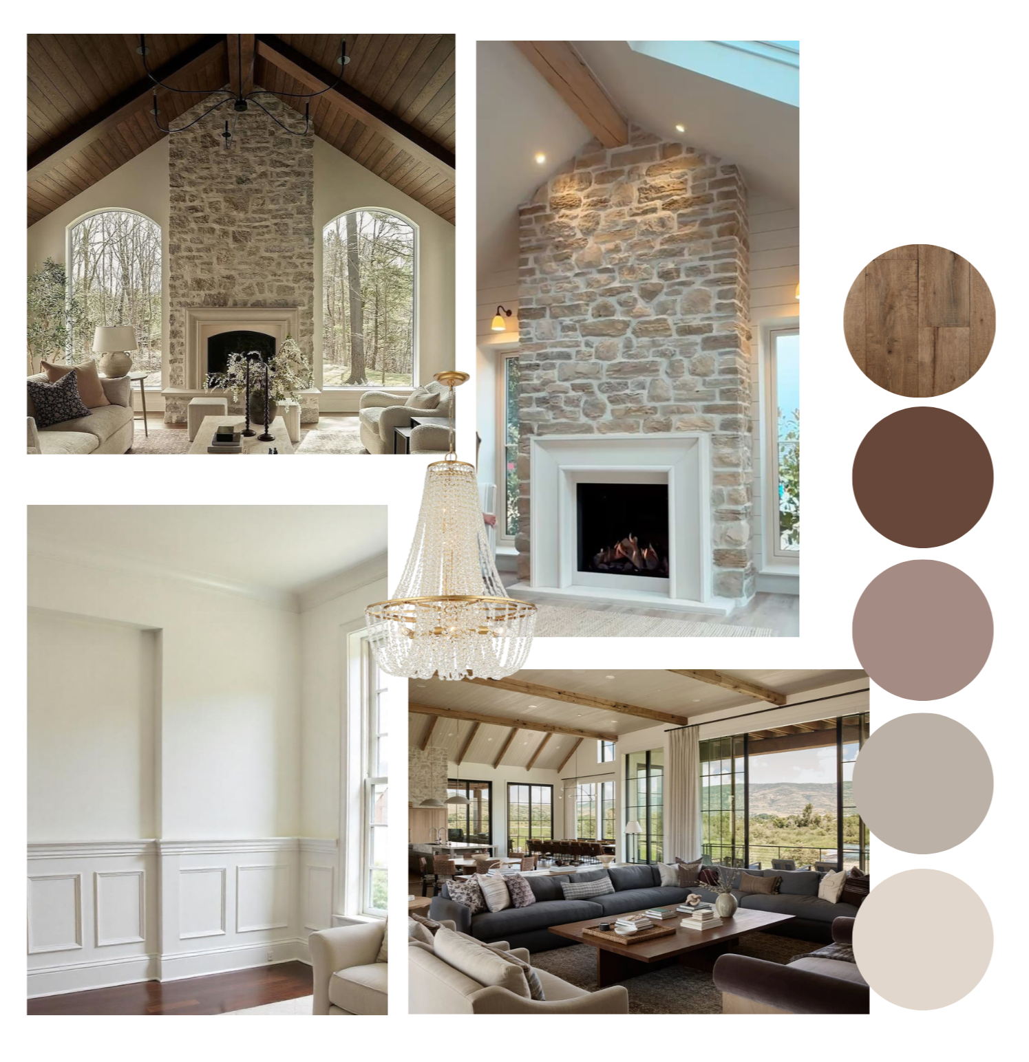 Interior images of modern living rooms with stone fireplaces, large windows, and contemporary furniture, showcasing different ceiling styles and lighting fixtures.