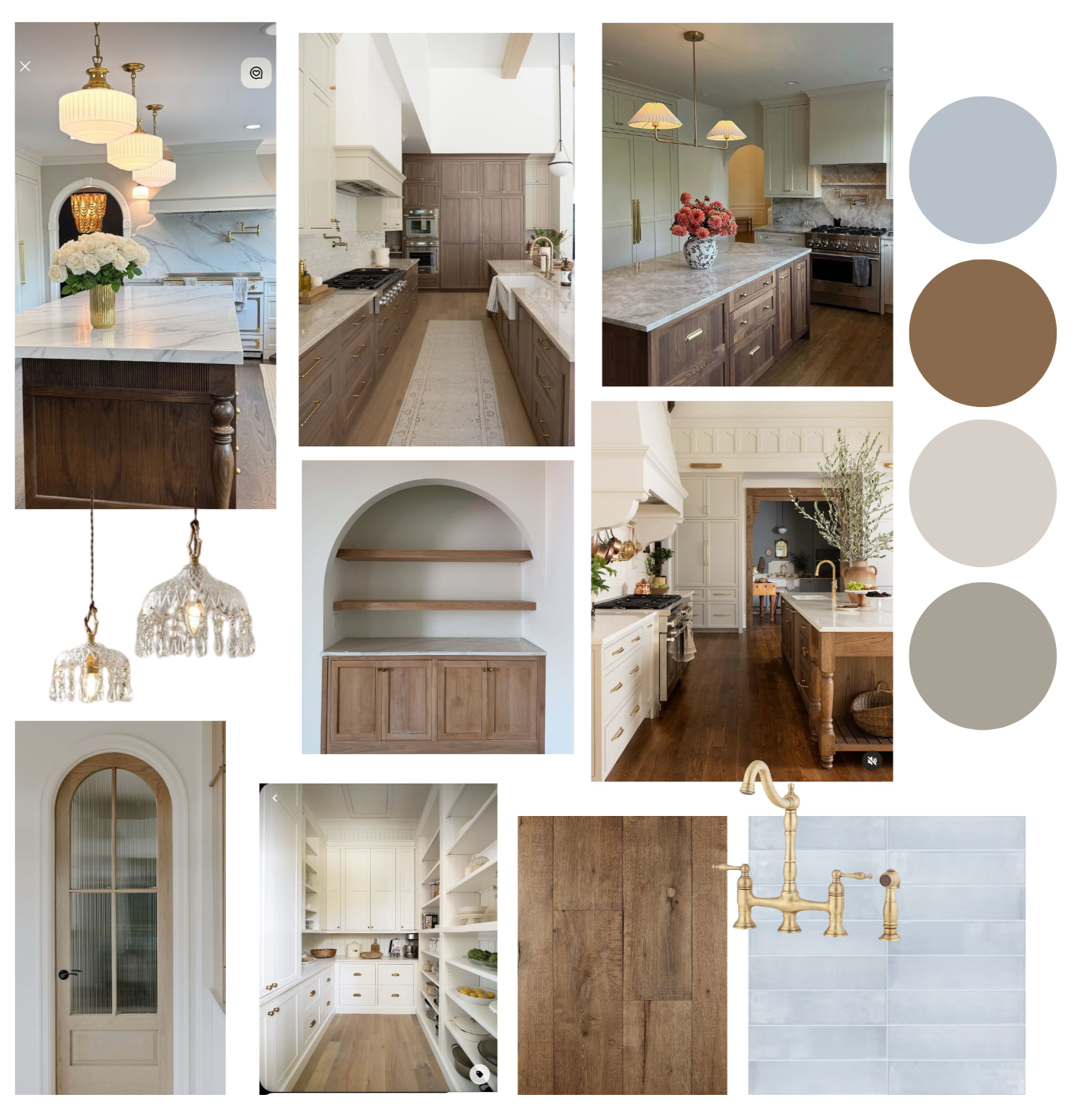 A collage of images showcasing kitchen and home interior design details, including kitchen cabinets, countertops, a farmhouse sink and faucet, pendant lighting, and decorative elements in neutral and warm tones.
