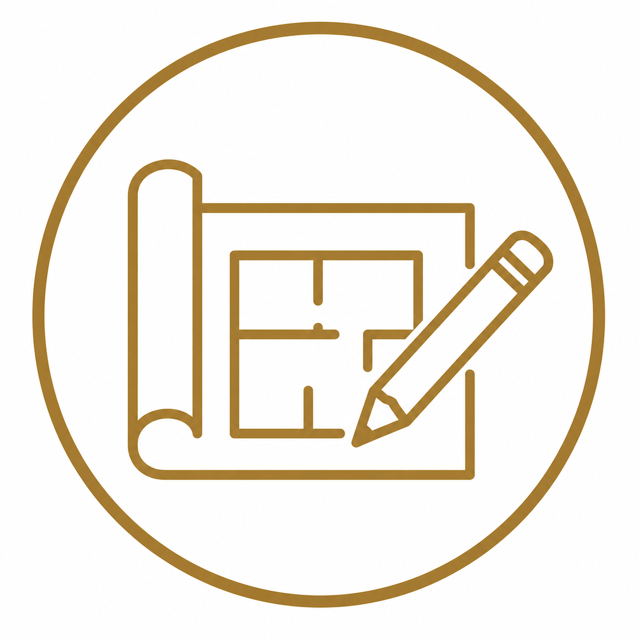 Icon of a blueprint, pencil, and rolled-up paper within a circle, representing architecture or design.