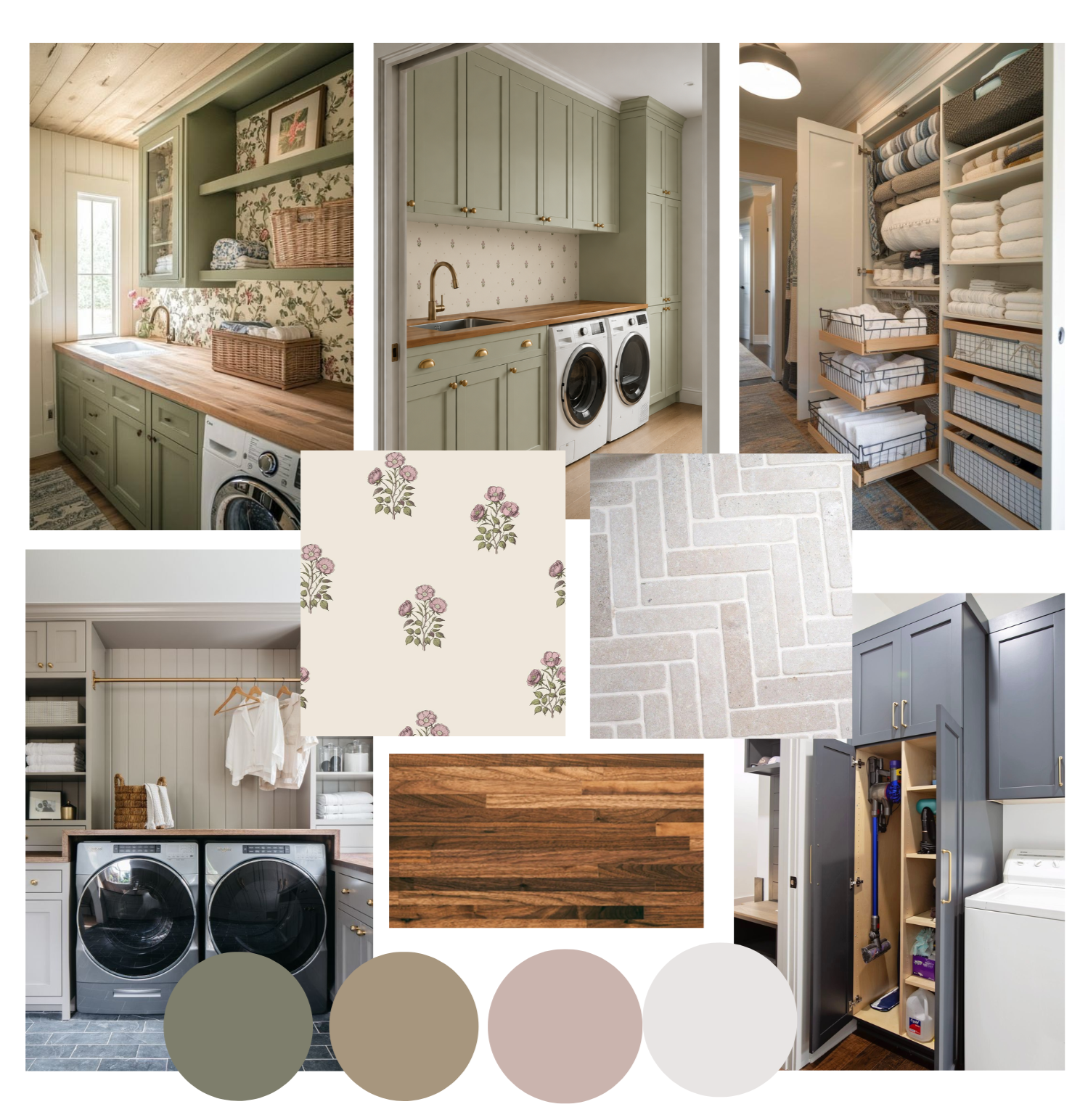 Collage of laundry room design inspiration images with green and gray cabinetry, floral and brick patterned wallpaper, fabric storage, and various flooring and wall textures.