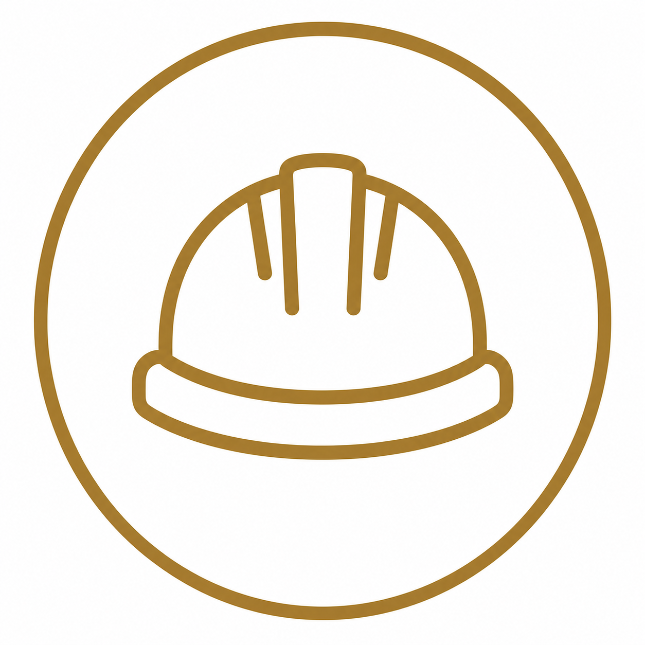 Icon of a construction or safety helmet, outlined in gold, within a circular border.