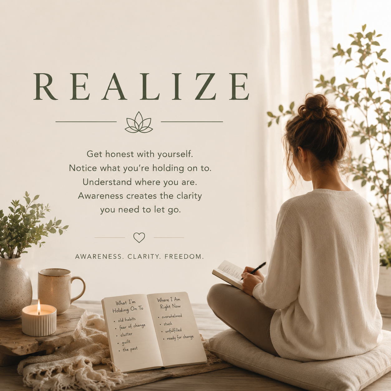 A woman sitting on a cushion, writing in a notebook, facing a wall with the word 'REALIZE' and an inspirational quote. A table holds a potted plant, a candle, a mug, and an open journal with lists titled 'What I'm Holding On To' and 'Where I Am Right Now.' Light filters through a window.