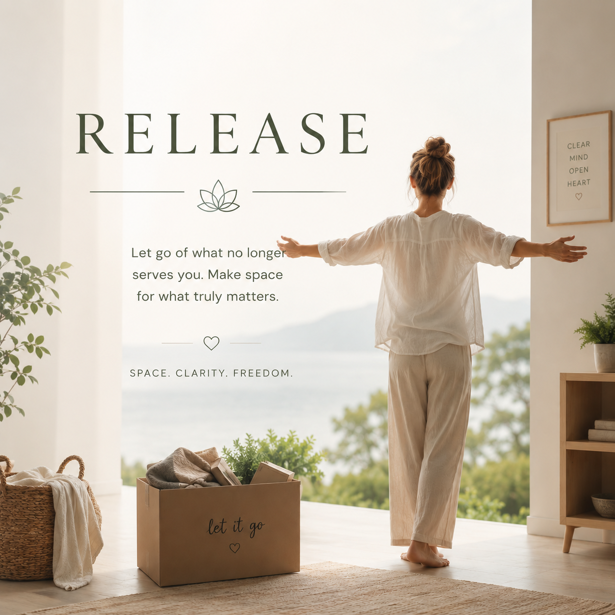 A woman standing in a bright room with her arms outstretched, facing a large window with a scenic view. The room has a cozy, minimalist decor with plants, a basket, and a box labeled 'let it go'. A framed quote on the wall reads 'Clear mind open heart'. The scene is peaceful and allows space for reflection, with an overlay text about release and making space for what matters.