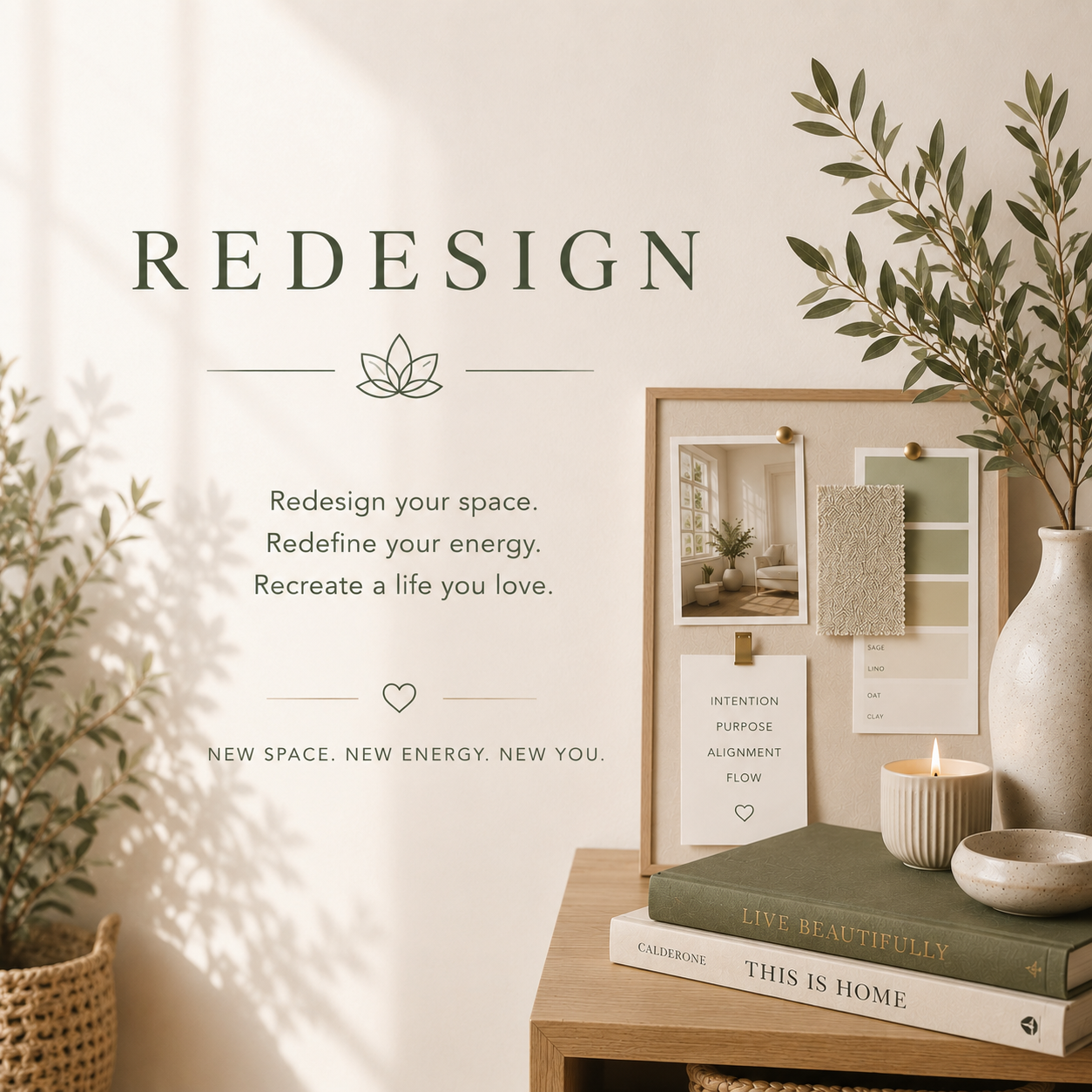 Decorative interior space with a sign about redesigning your space, energy, and life, and a desk with books, a candle, a vase, and a photo board of home decor ideas.