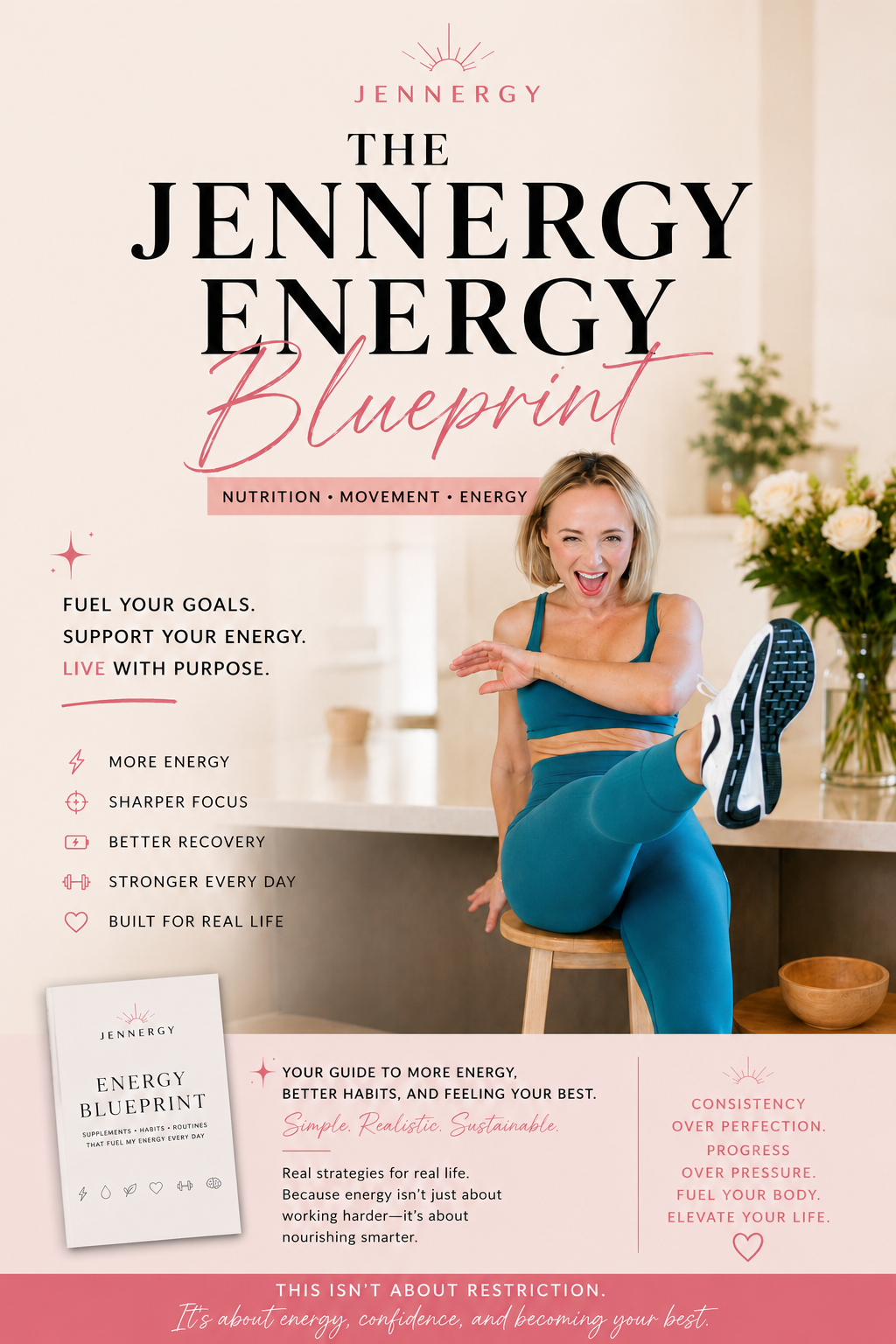 Cover of a guide titled "The Jennery Energy Blueprint" featuring a smiling woman in workout attire stretching her leg, with flowers in the background.