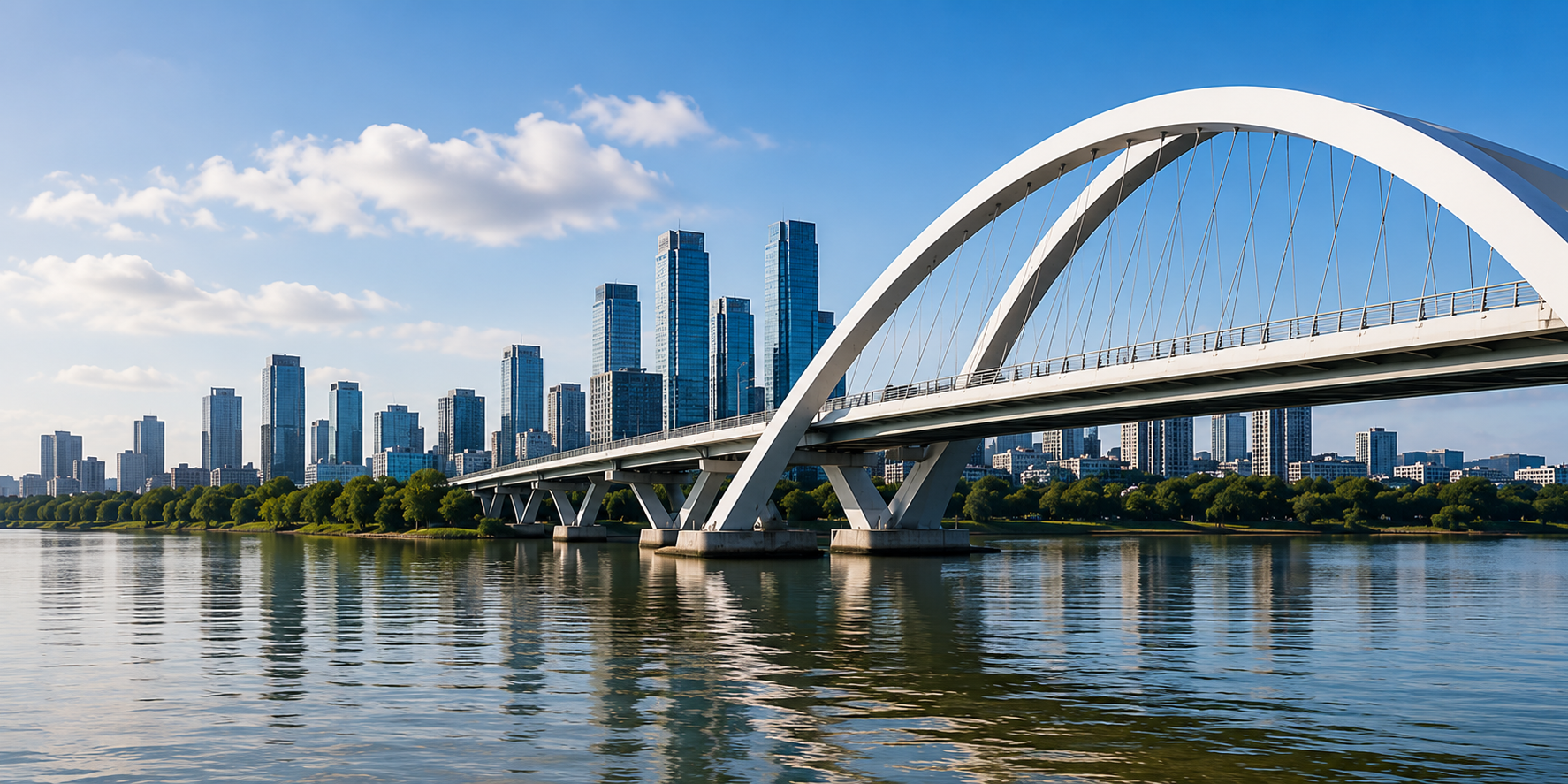 Skyscrapers in a city skyline with a modern arched bridge over a river in the foreground, trees along the riverbank, and a blue sky with scattered clouds.