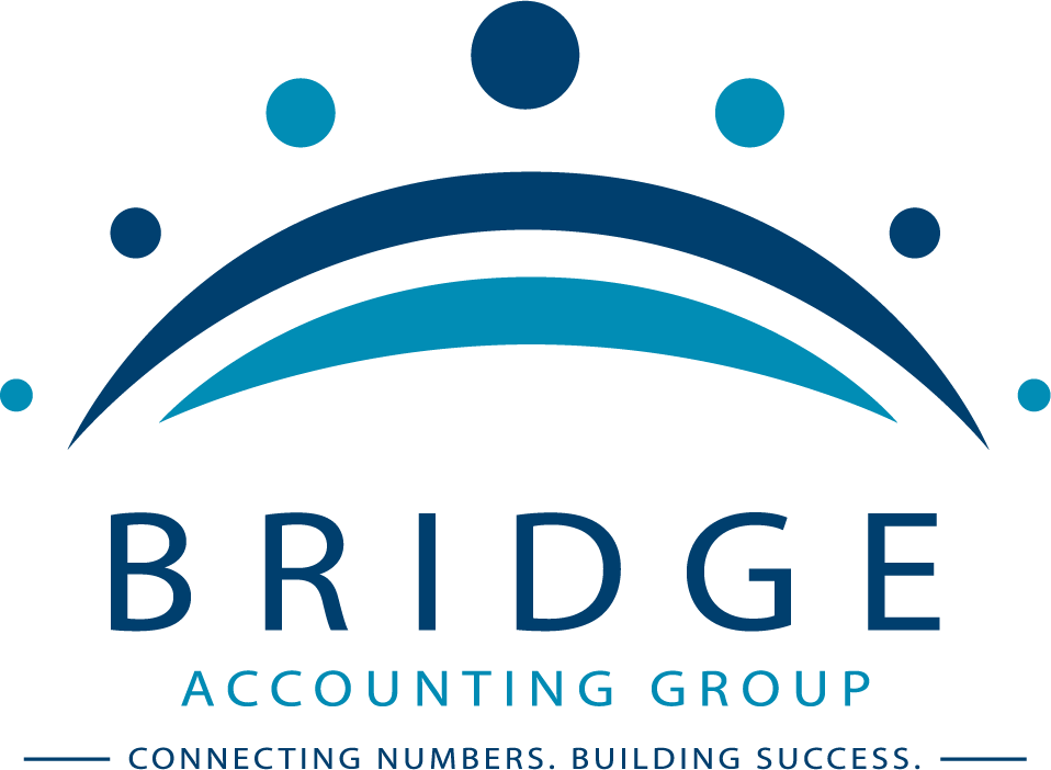 Logo for Bridge Accounting Group featuring a stylized bridge with blue and dark blue arches and dots, and the company name underneath with the slogan "Connecting Numbers, Building Success."