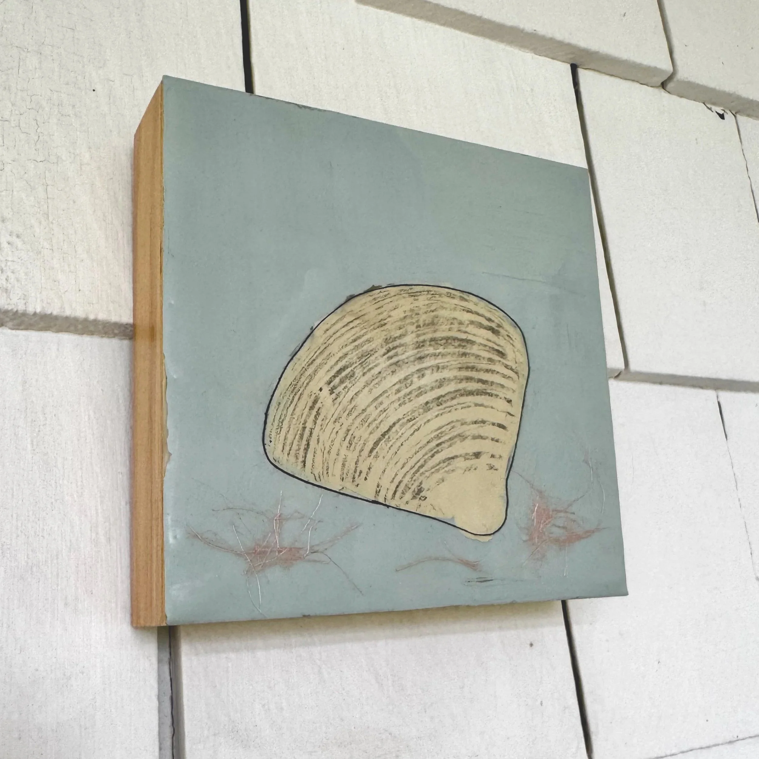 Sea Form #1 , encaustic, charcoal, and string on cradled panel, 6x6x1.5 in 