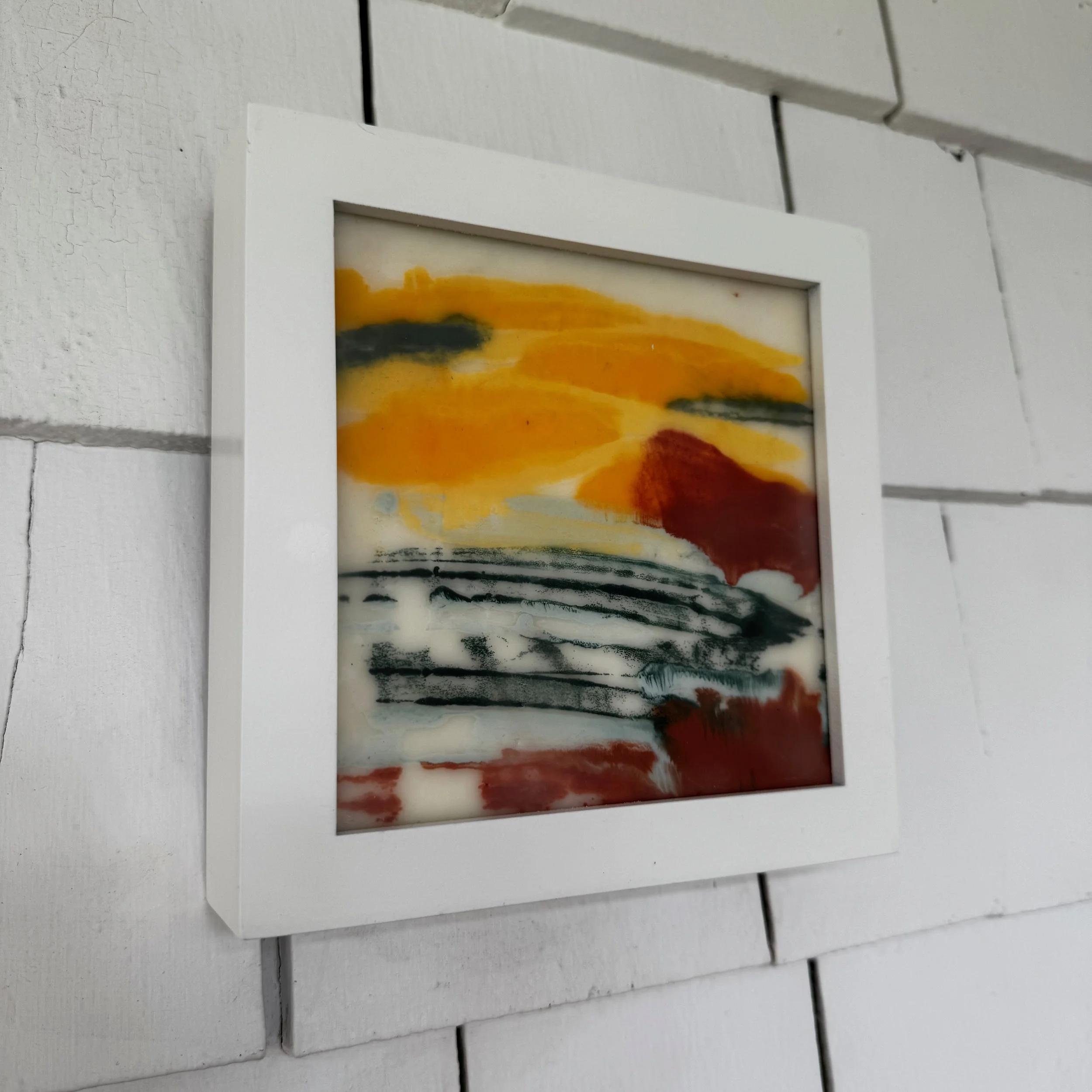 Morning Haze, encaustic monotype on panel, 7.125x 7.125x 1.625 in (framed)