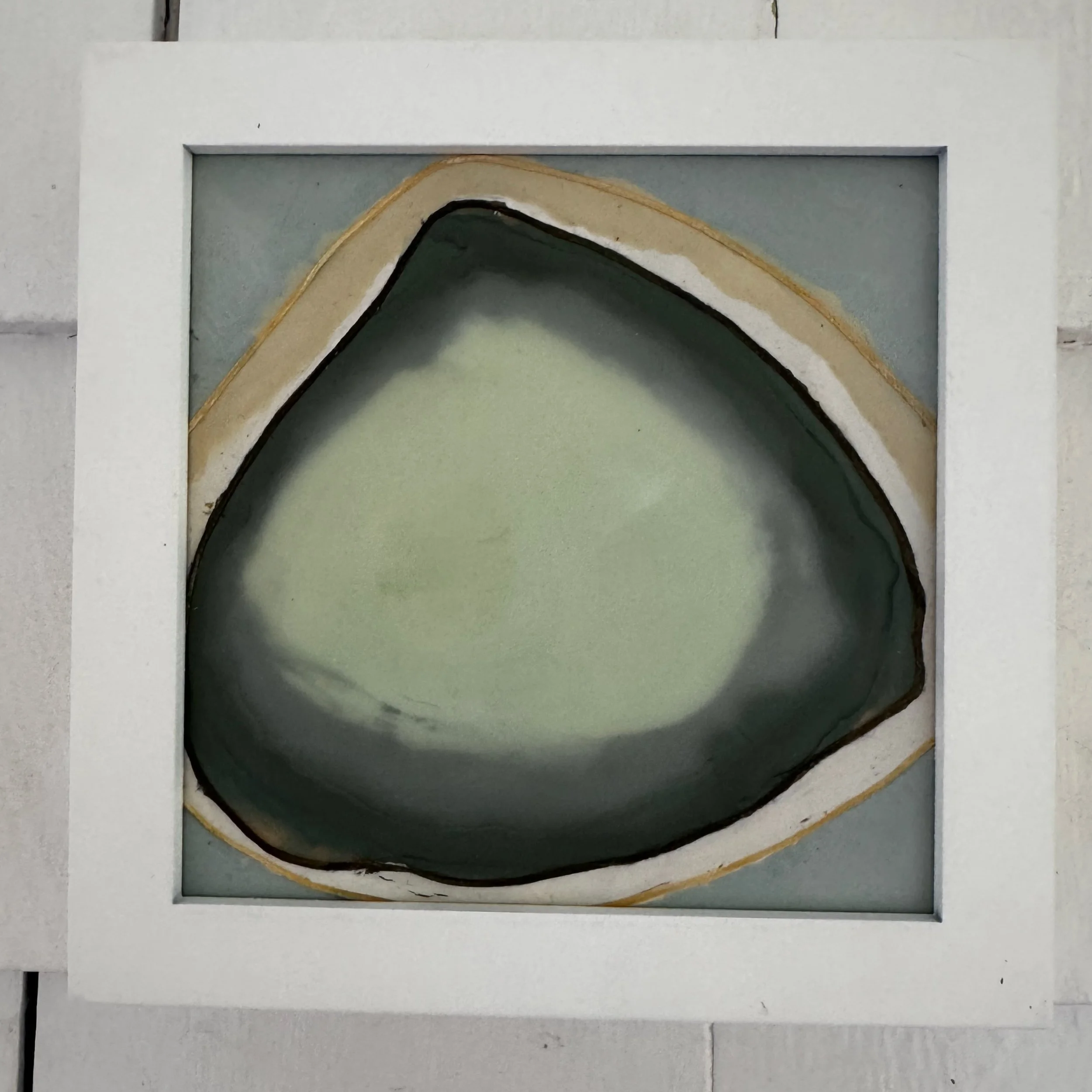 Found #1, encaustic and string on panel, 7.125x 7.125x 1.625 in (framed)