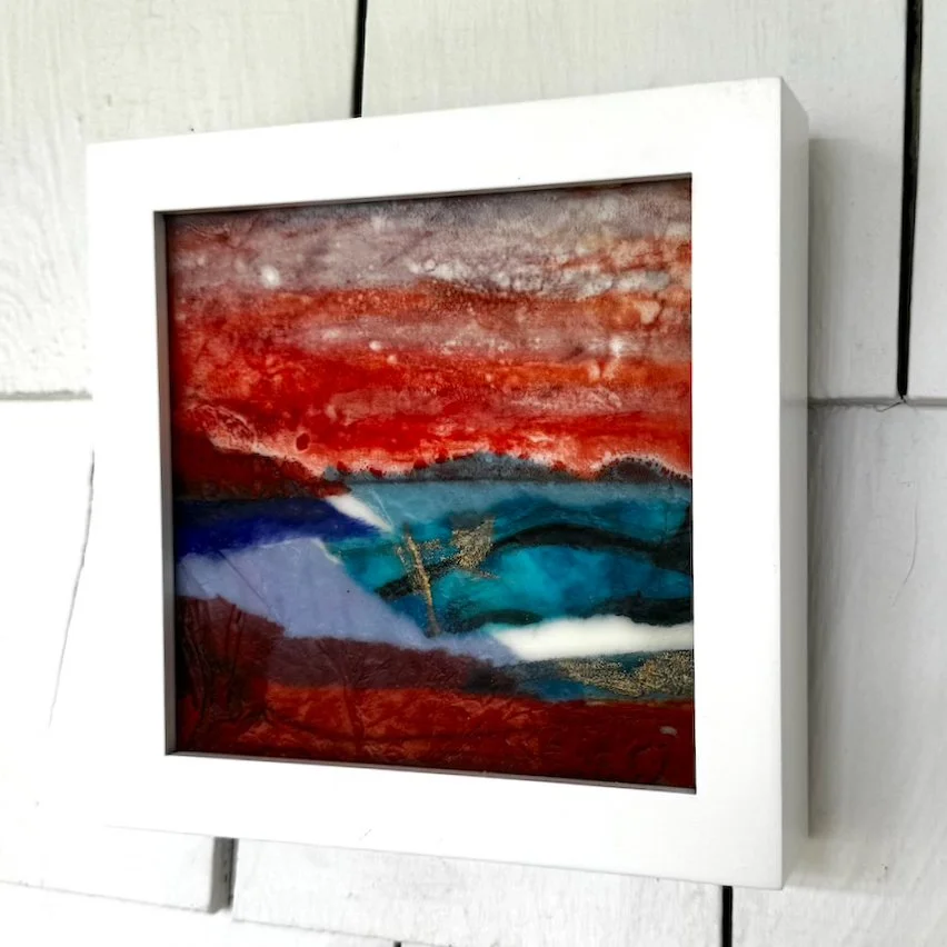 Last Light, encaustic, paper, and pastels on cradled panel, 6x6x1.5 inches