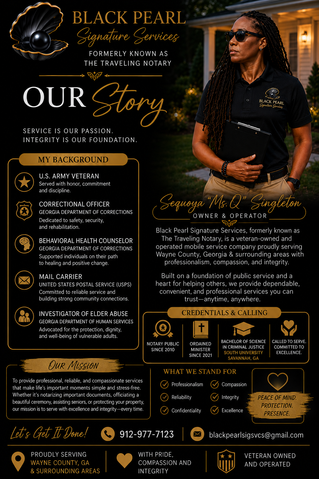 A promotional poster for Black Pearl Signature Services features a woman with braids and sunglasses wearing a black polo shirt with the company's logo, standing outside at sunset. The poster highlights her background, credentials, mission, and services offered.