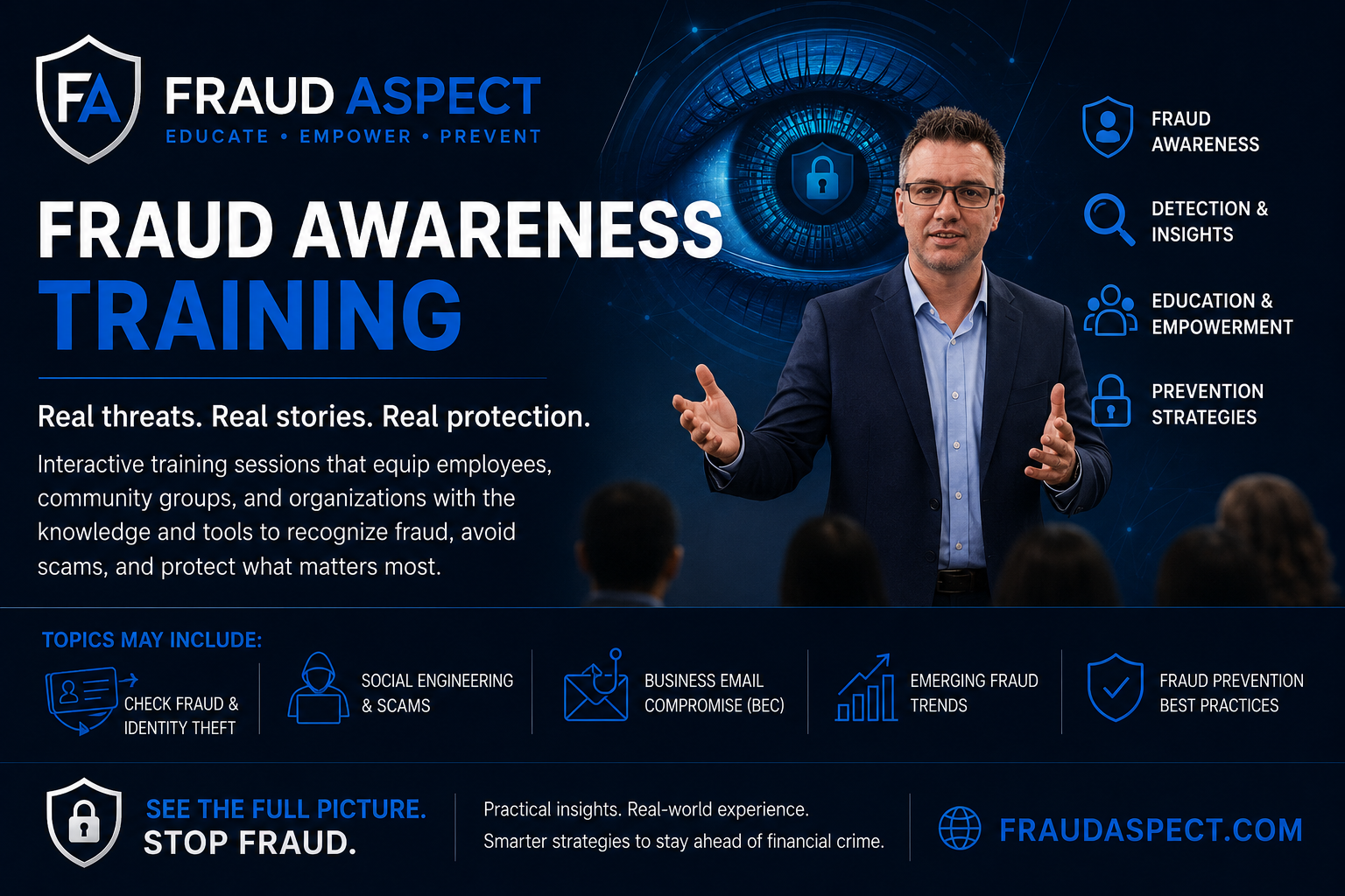 Promotional graphic for Fraud Aspect training program, featuring a man in a suit speaking to an audience, with icons representing fraud awareness, detection, education, prevention, and topics like scam prevention and fraud trends, against a dark blue background.