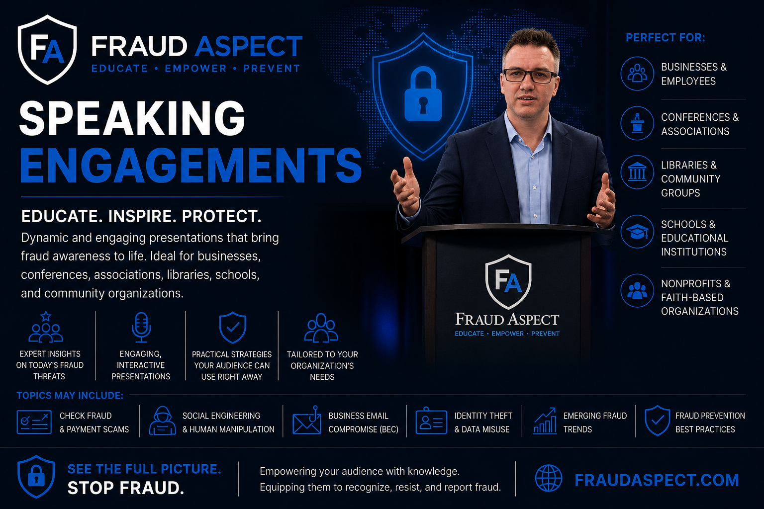 Design graphic for Fraud Aspect promoting speaking engagements on fraud awareness. Features a man in a suit at a podium with a shield logo, background with digital world map, and various icons describing topics and benefits of fraud prevention presentations.