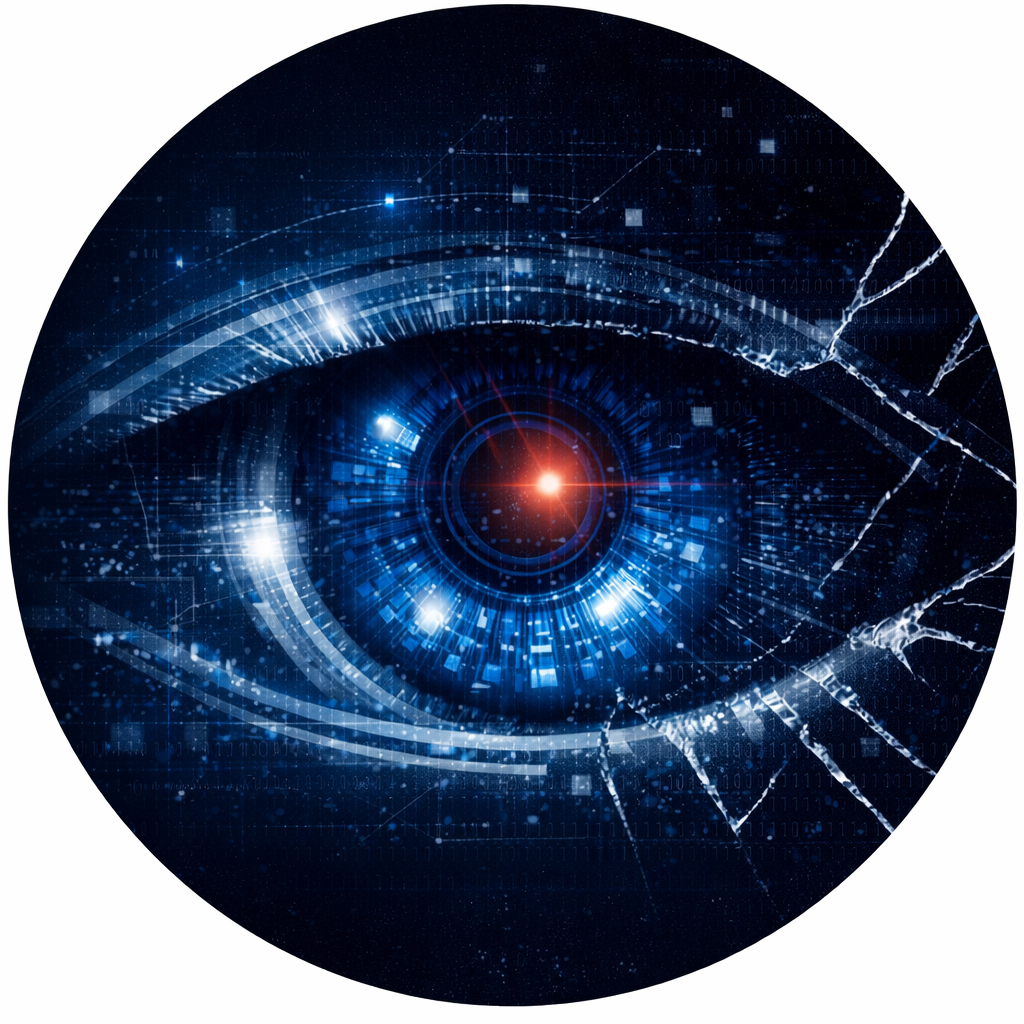 Futuristic digital eye with glowing blue and red lights and circuit-like patterns, symbolizing technology or cybersecurity.