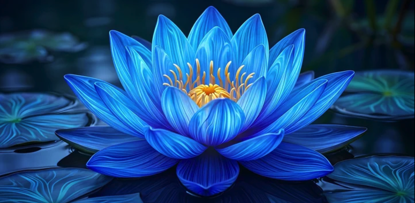 A vibrant blue water lily flower floating on dark water with blue-green lily pads in the background.