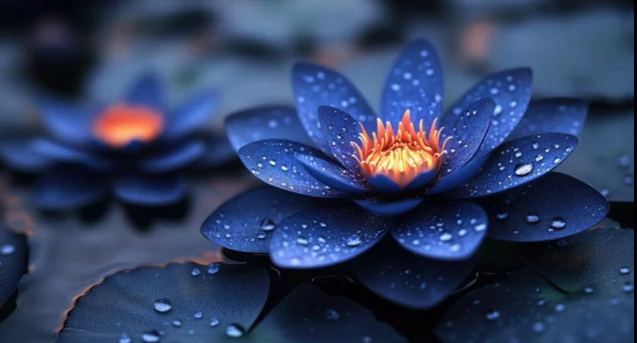 Close-up of a blue water lily flower with dew drops on petals, glowing center, surrounded by lily pads with water drops.