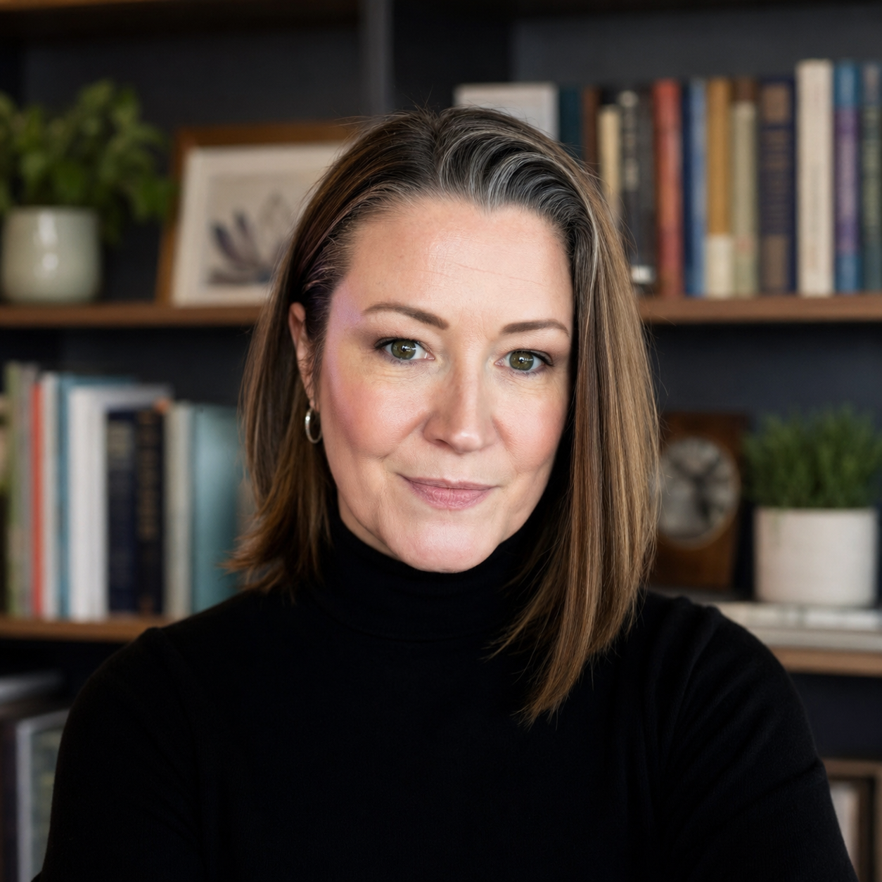 A woman with shoulder-length brown hair wearing a black turtleneck, posing in front of a bookshelf with plants and framed pictures.