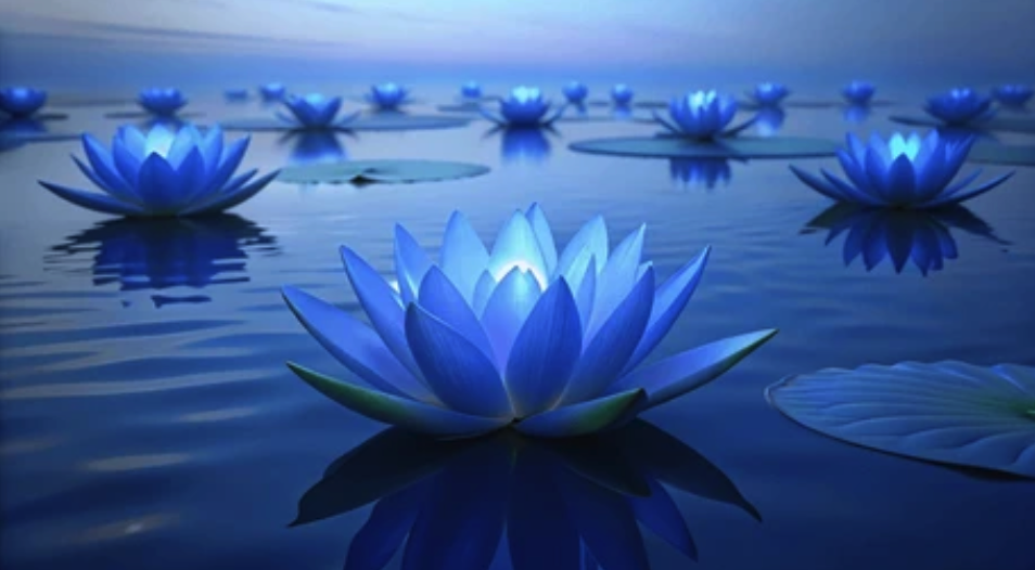 Blue glowing lotus flowers floating on a calm body of water during dusk.