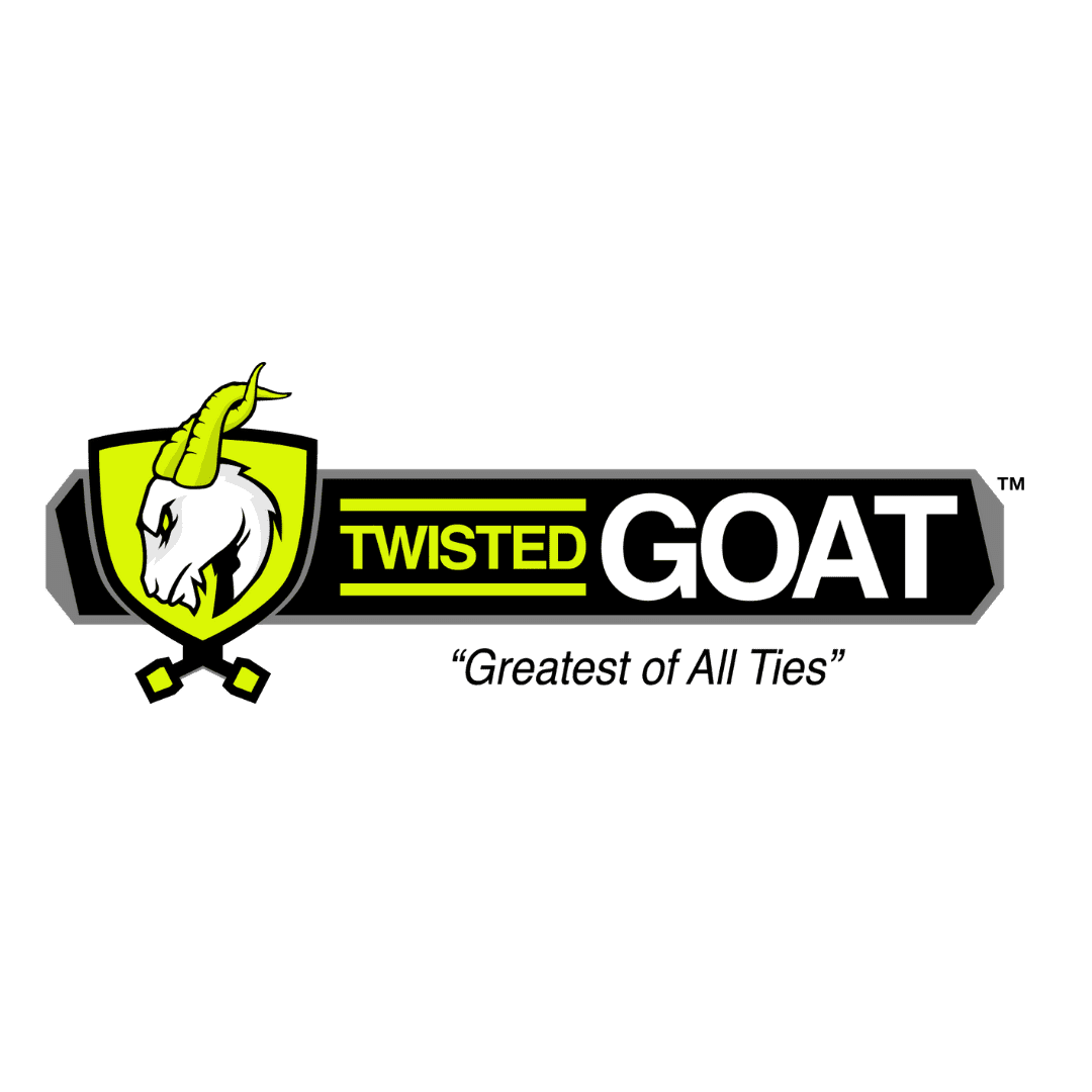 Logo for Twisted Goat with a stylized white goat head with yellow horns, a shield background, and the text "Twisted Goat" with the slogan "Greatest of All Ties" underneath.