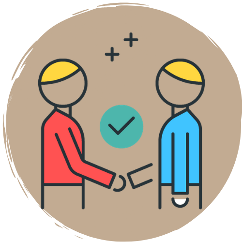 Two cartoon people shaking hands with a check mark between them, indicating agreement or greeting.