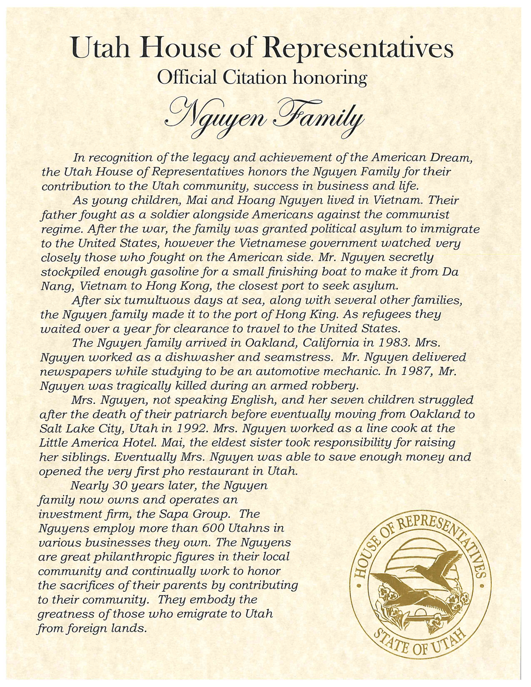 Official certificate from Utah House of Representatives honoring the Nguyen family for their contributions and history in Utah, featuring the Utah State Seal.