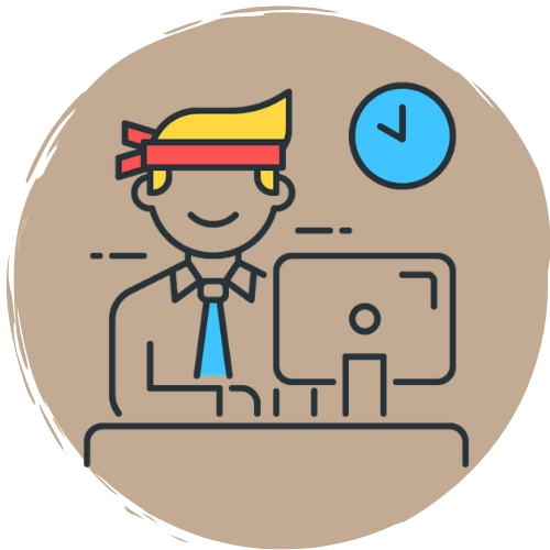 A cartoon illustration of a person working at a desk in an office, yellow hair wearing a red headband, with a blue clock on the wall behind them.